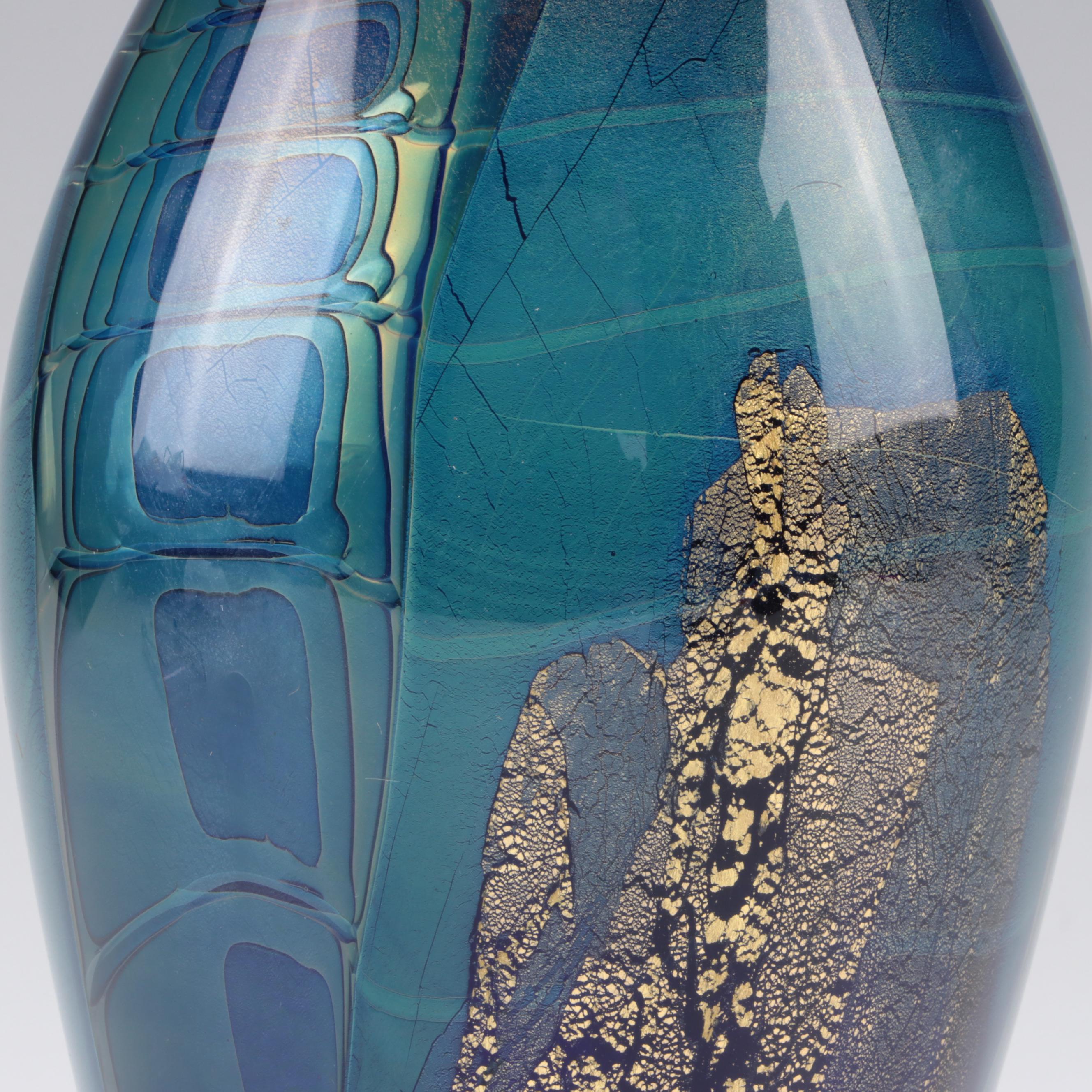 Robert Eickholt Blue and Gold Art Glass Vase
