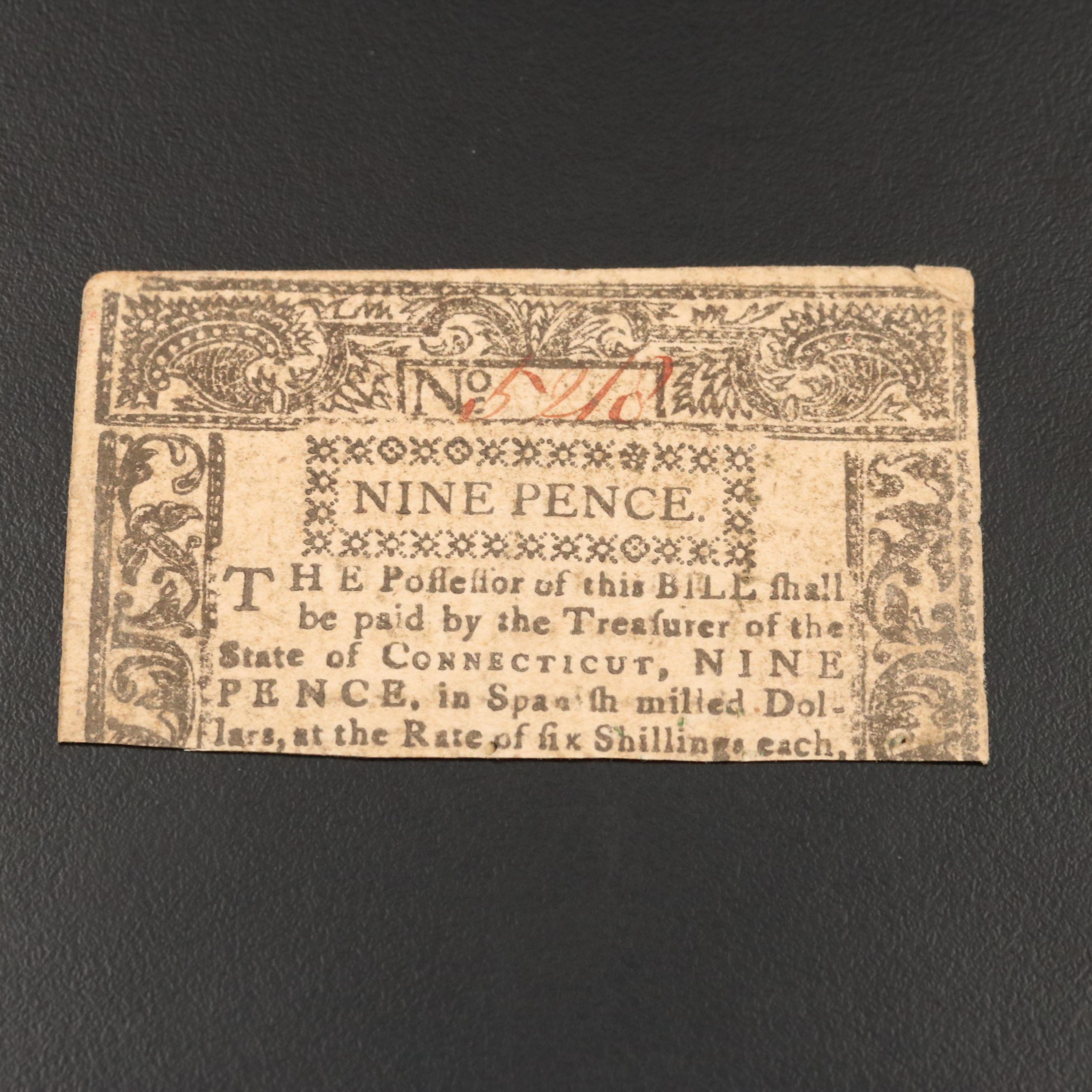 1780 Connecticut Nine Pence Colonial Currency Note