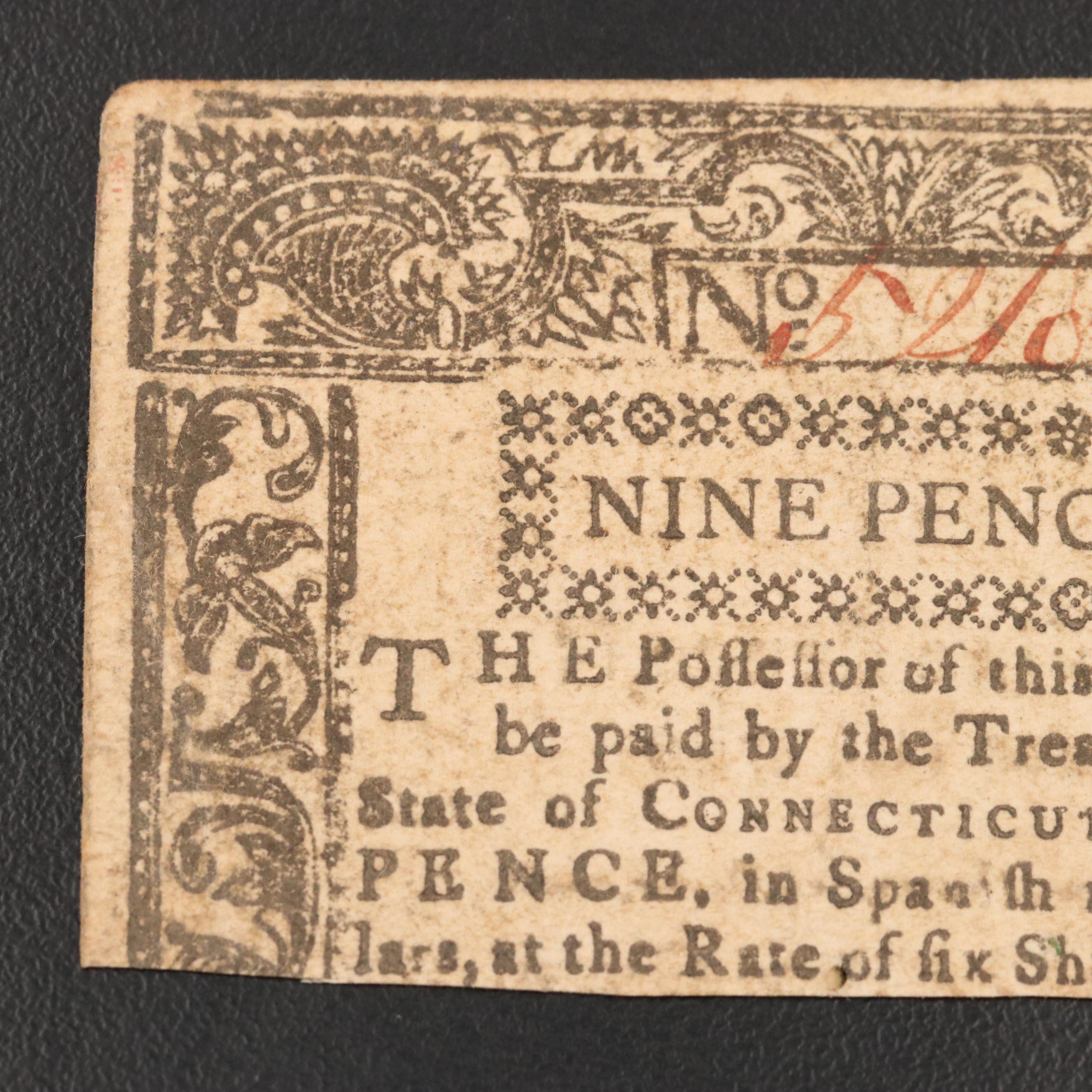 1780 Connecticut Nine Pence Colonial Currency Note