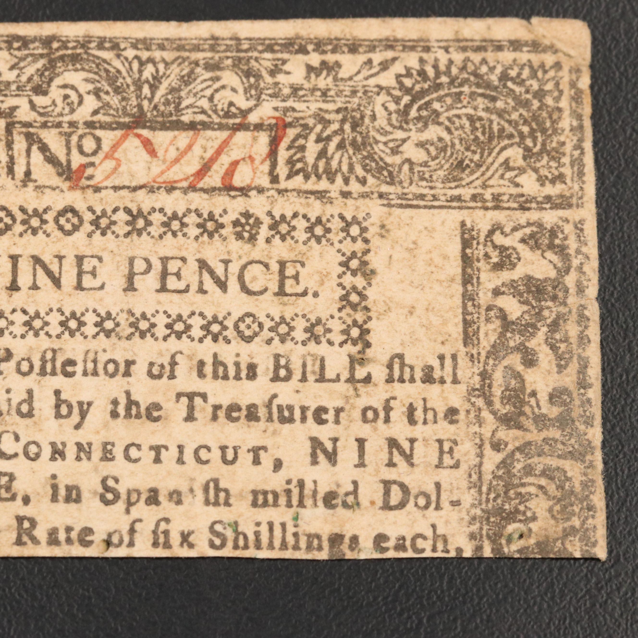1780 Connecticut Nine Pence Colonial Currency Note