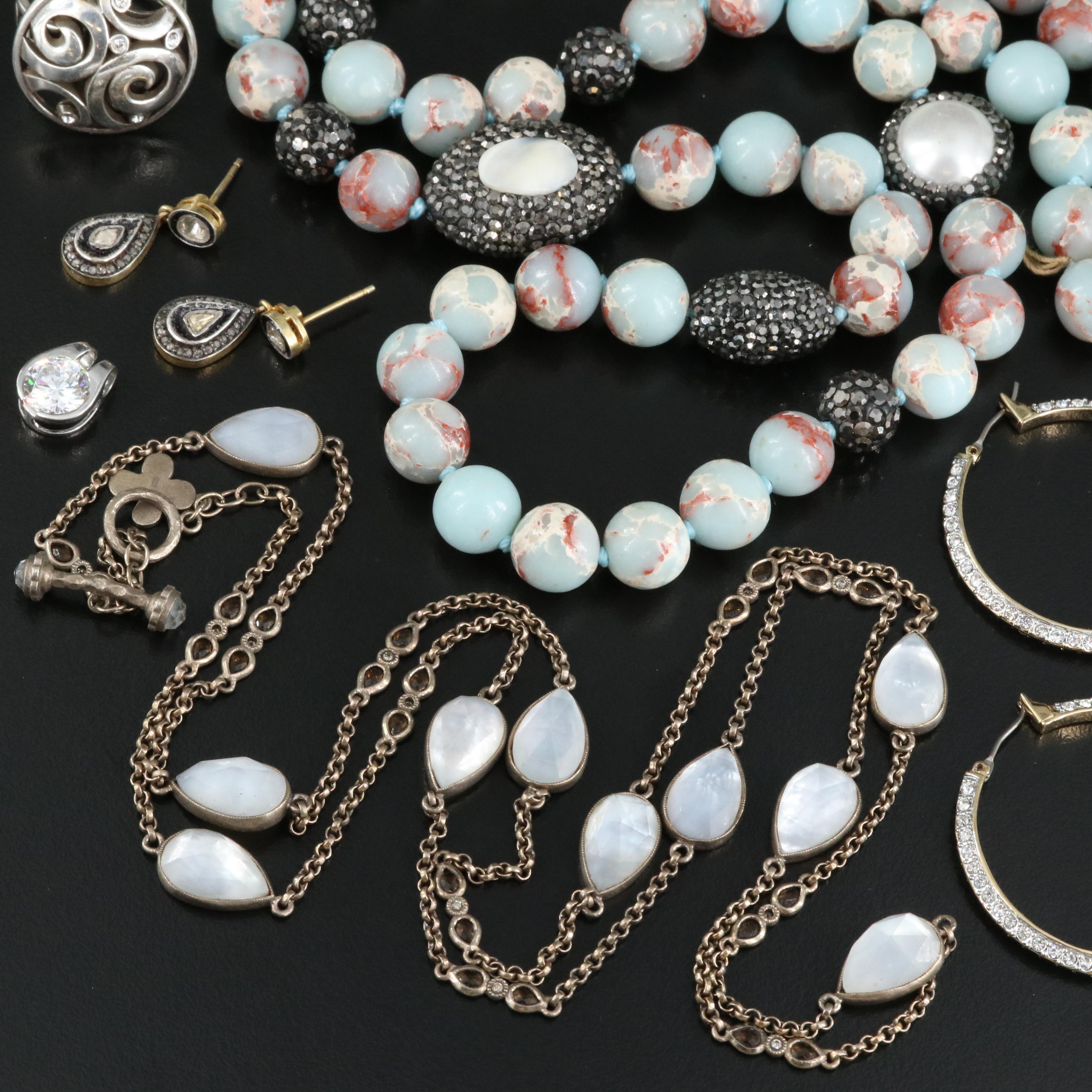 Sterling Grouping Including Mother-of-Pearl, Rhinestone and Faux Pearl