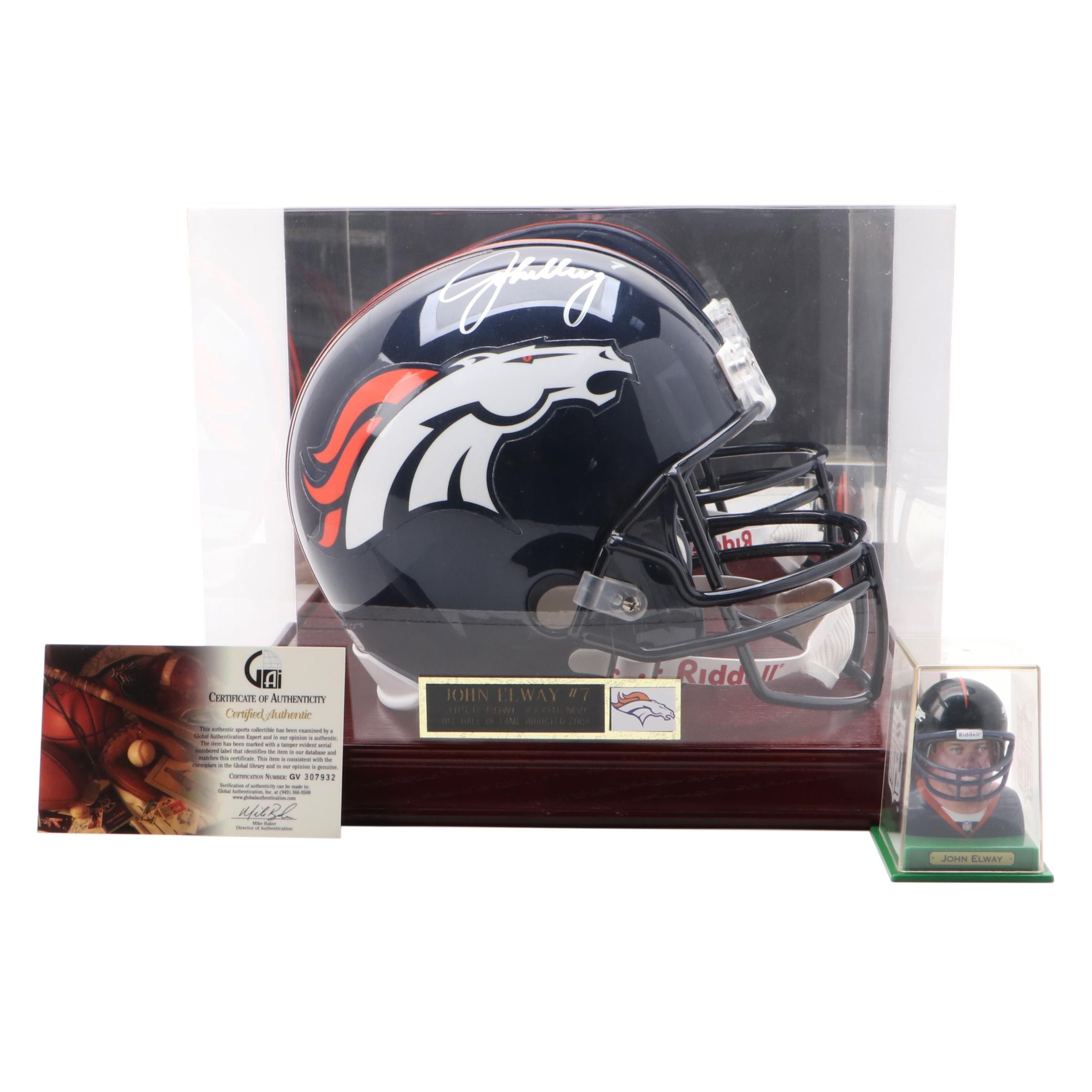 John Elway Signed Denver Broncos Full Size Riddell Helmet with Engraved Display