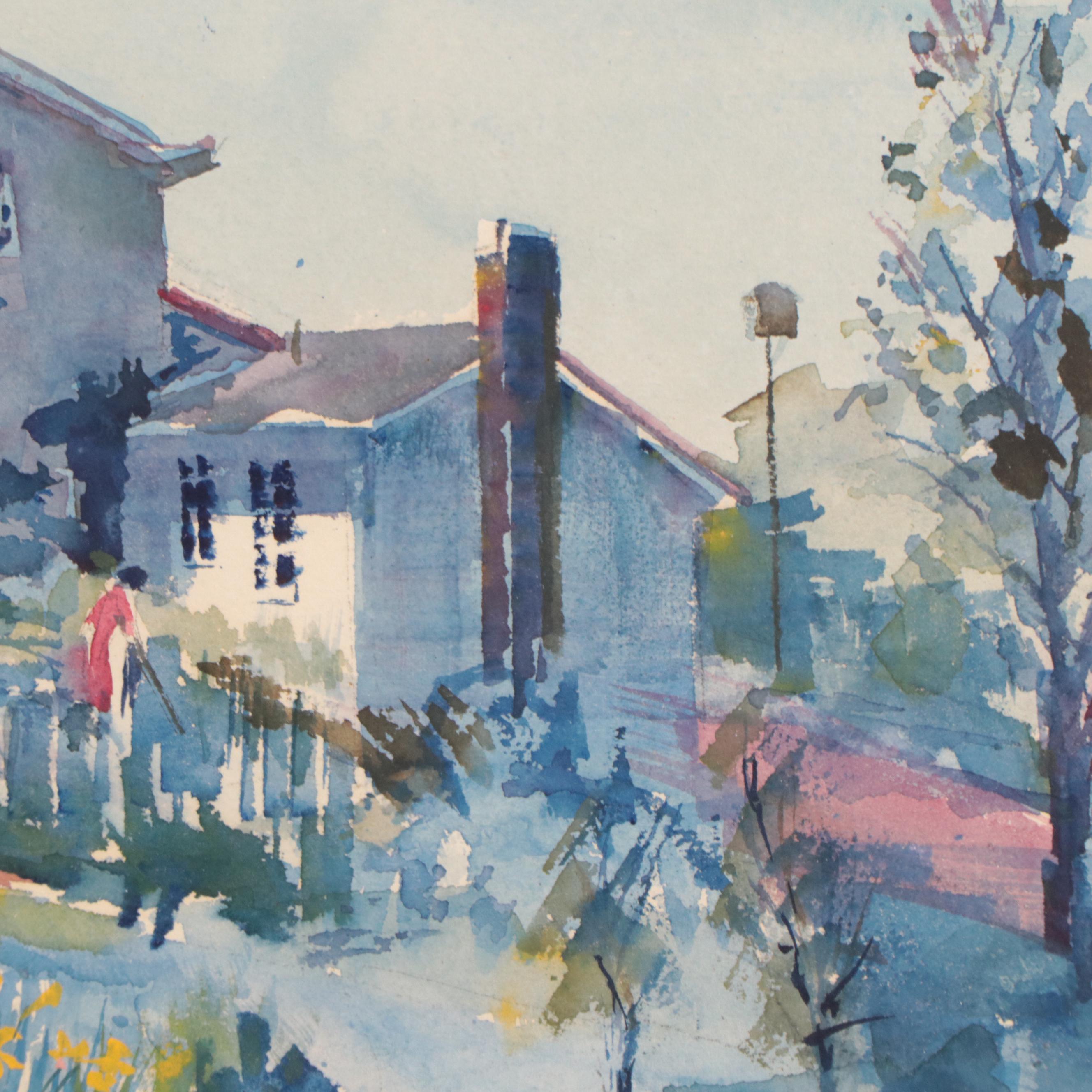 John Imhoff Watercolor Painting of Suburban Scene