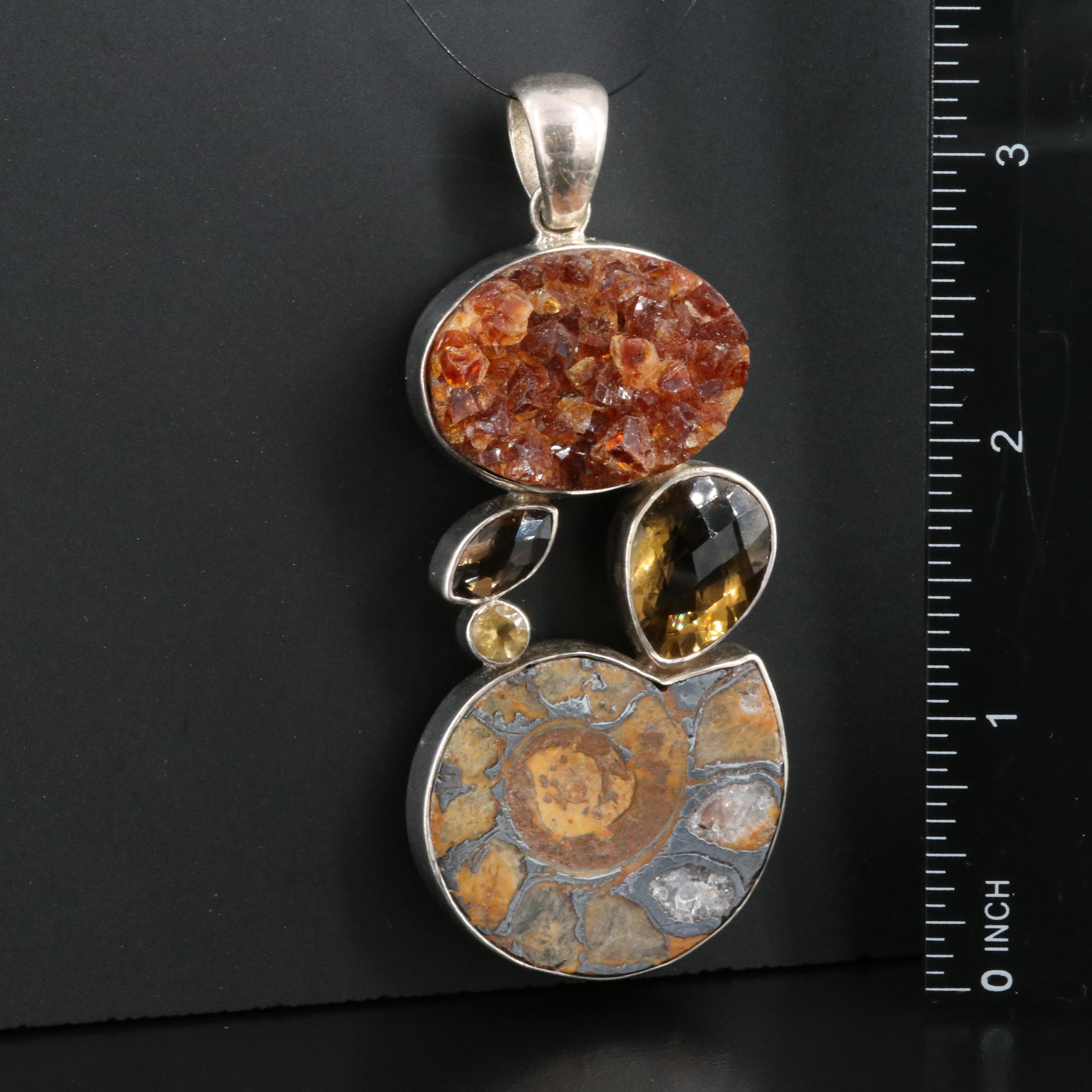 Sterling Druzy, Ammonite and Citrine Pendant