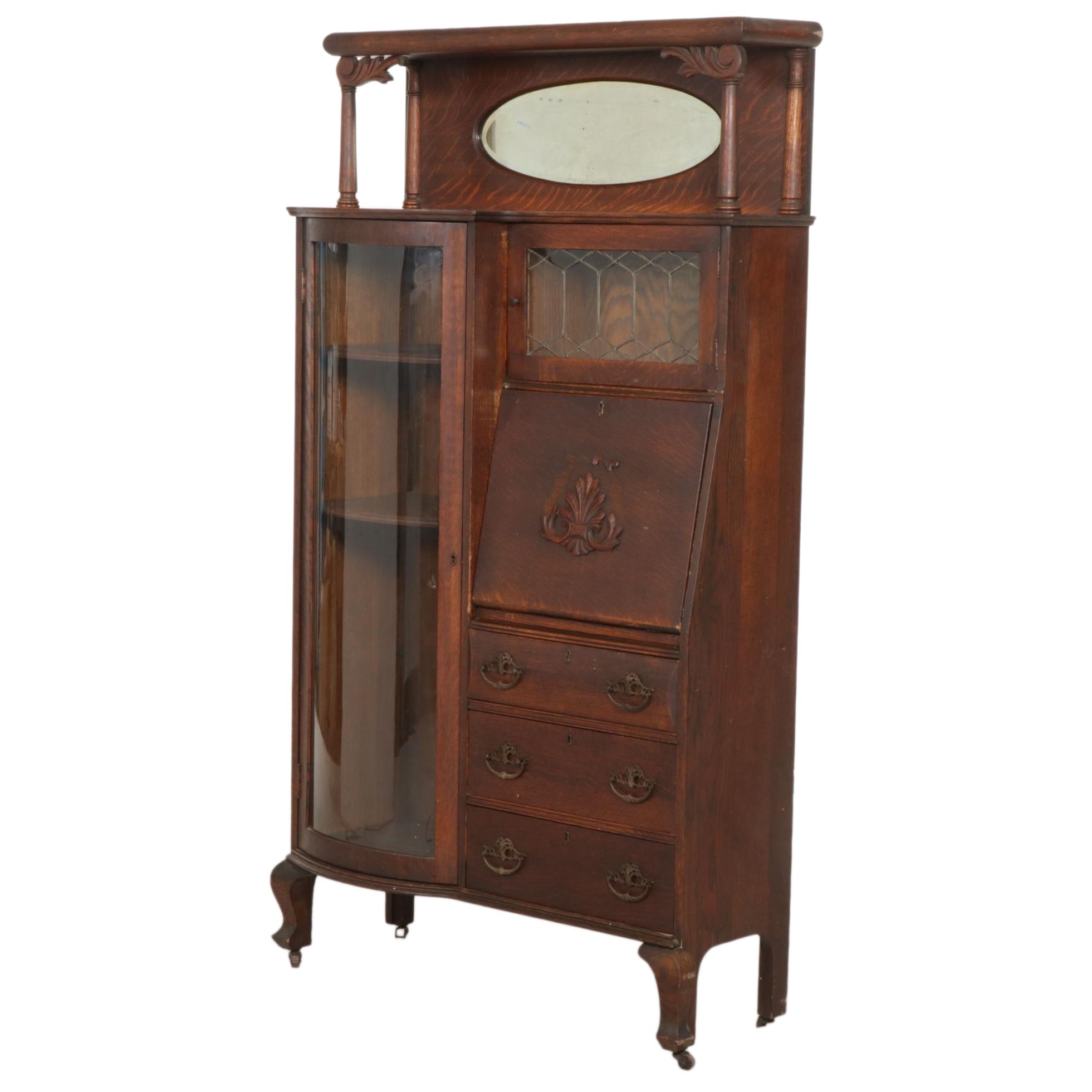 Larkin Co. Late Victorian Oak Mirrored Side-By-Side Secretary Bookcase