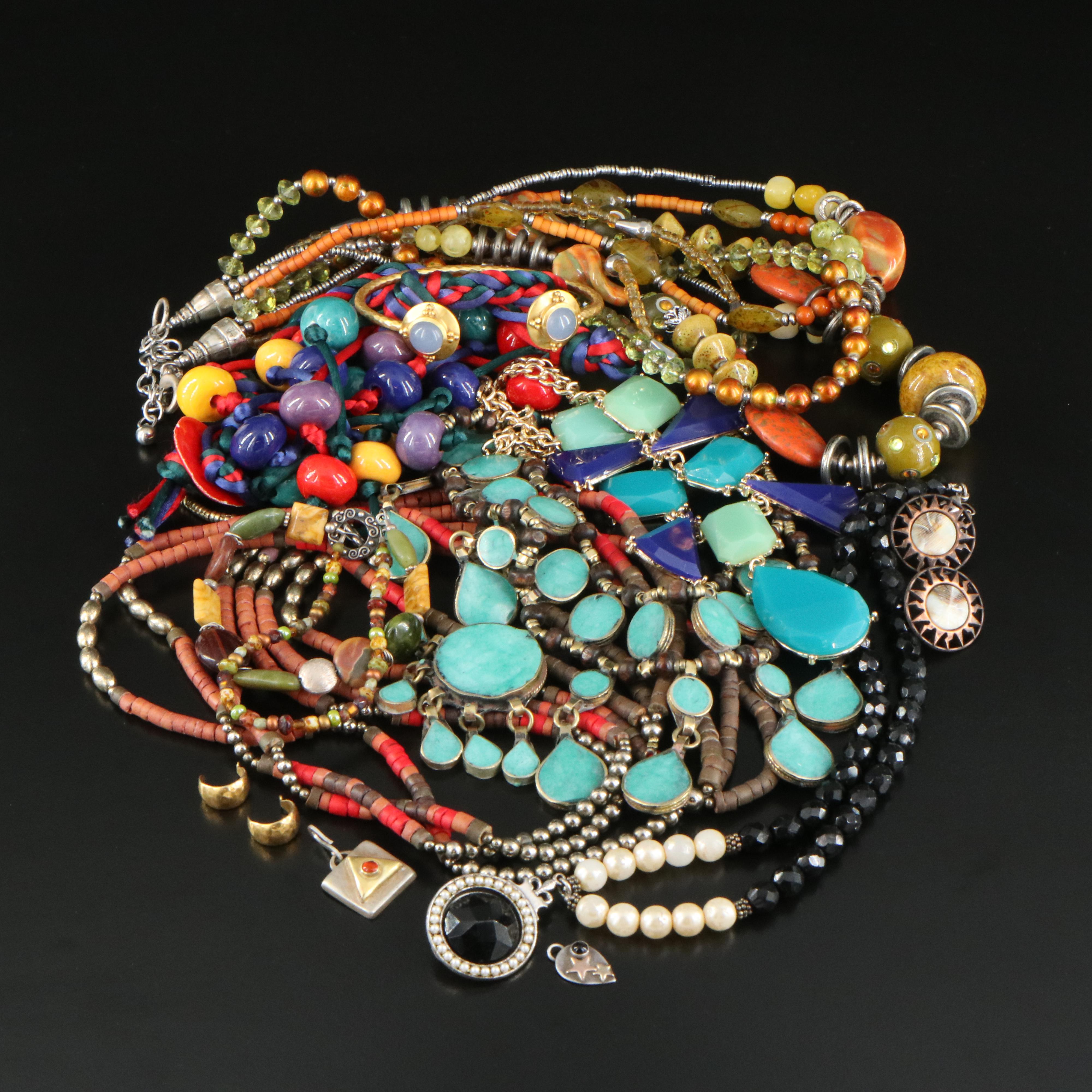 Mixed Silver Jewelry Grouping Including Faux Pearl, Rhinestone and Wood