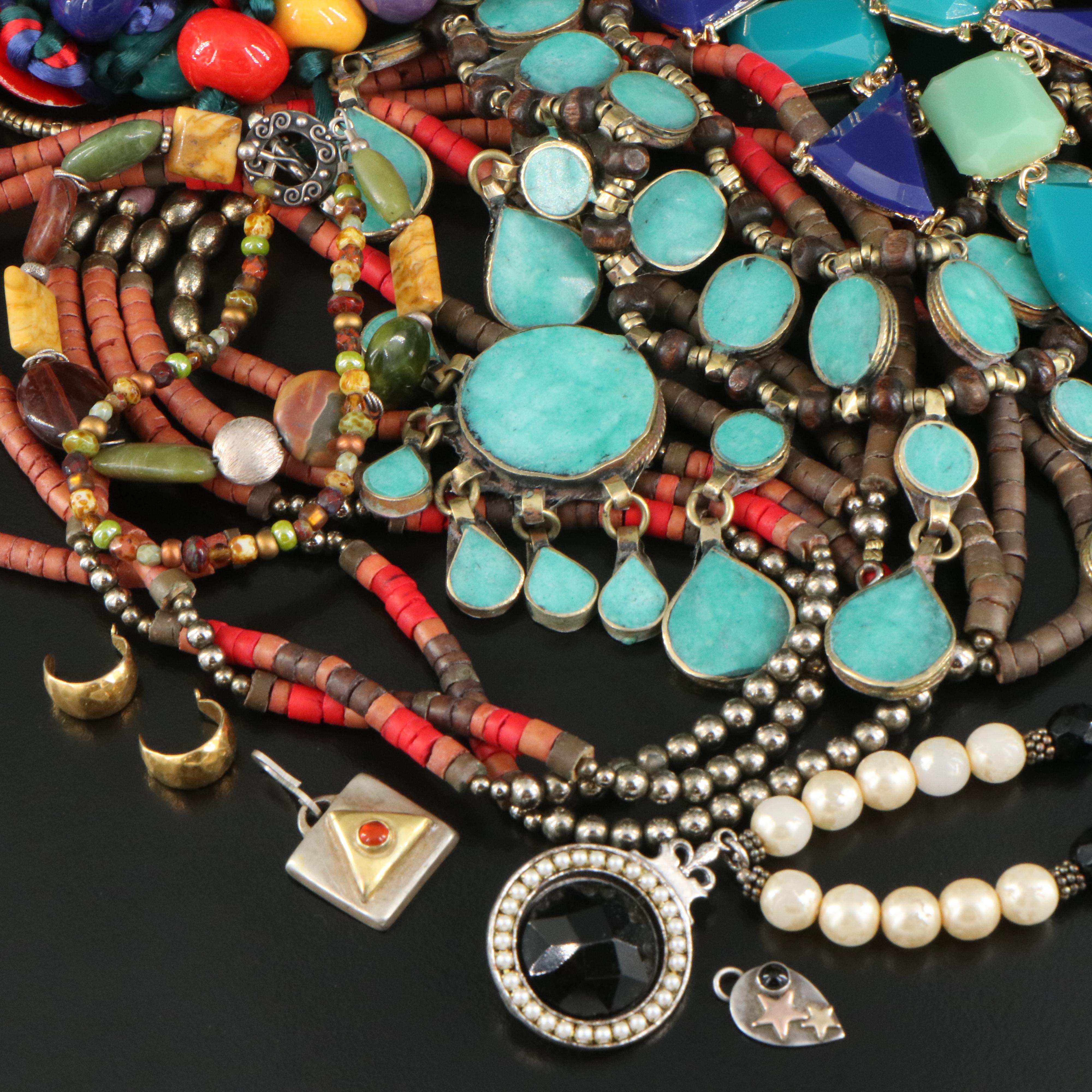 Mixed Silver Jewelry Grouping Including Faux Pearl, Rhinestone and Wood