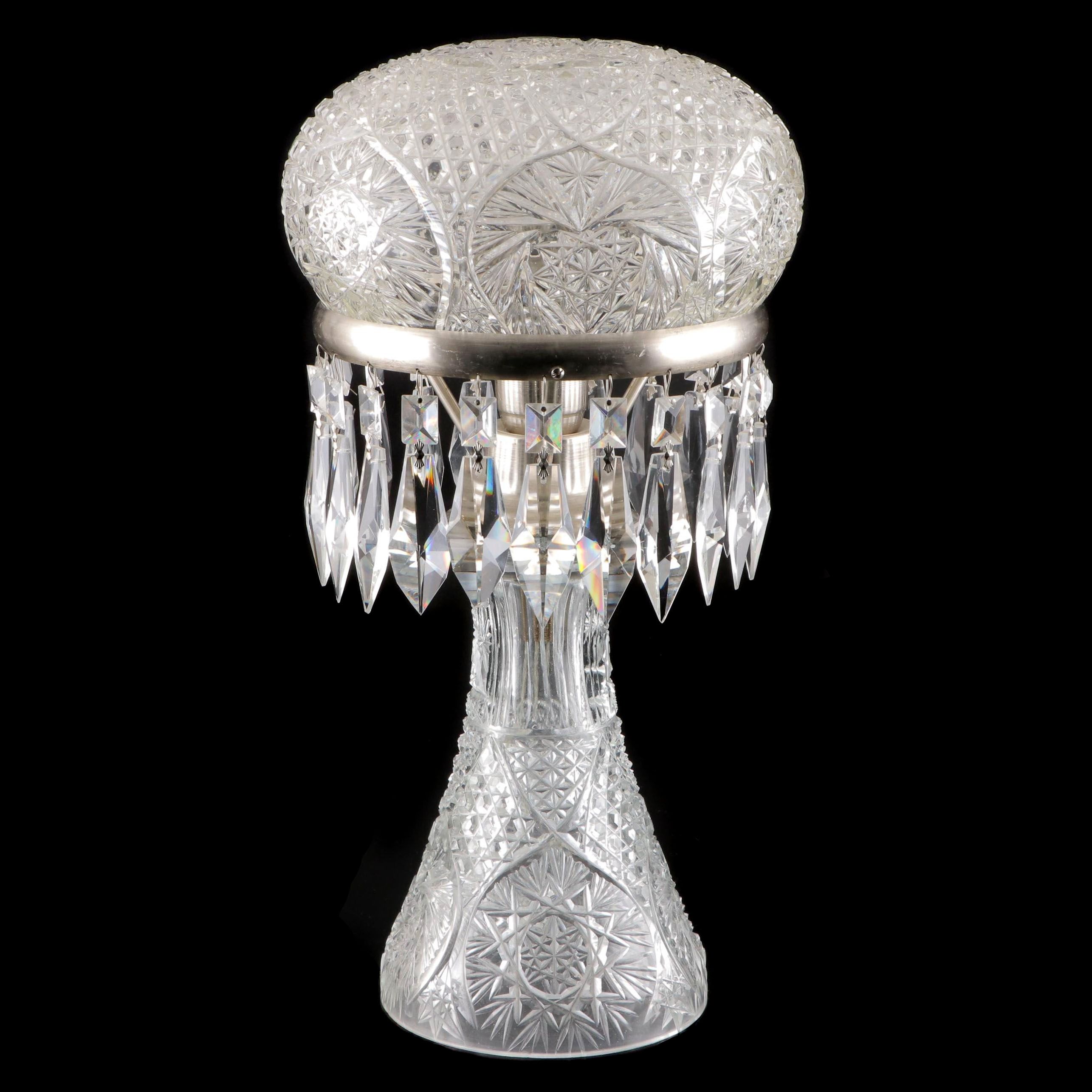 American Brilliant Style Cut Crystal Table Lamp With Prisms, Early to Mid 20th C