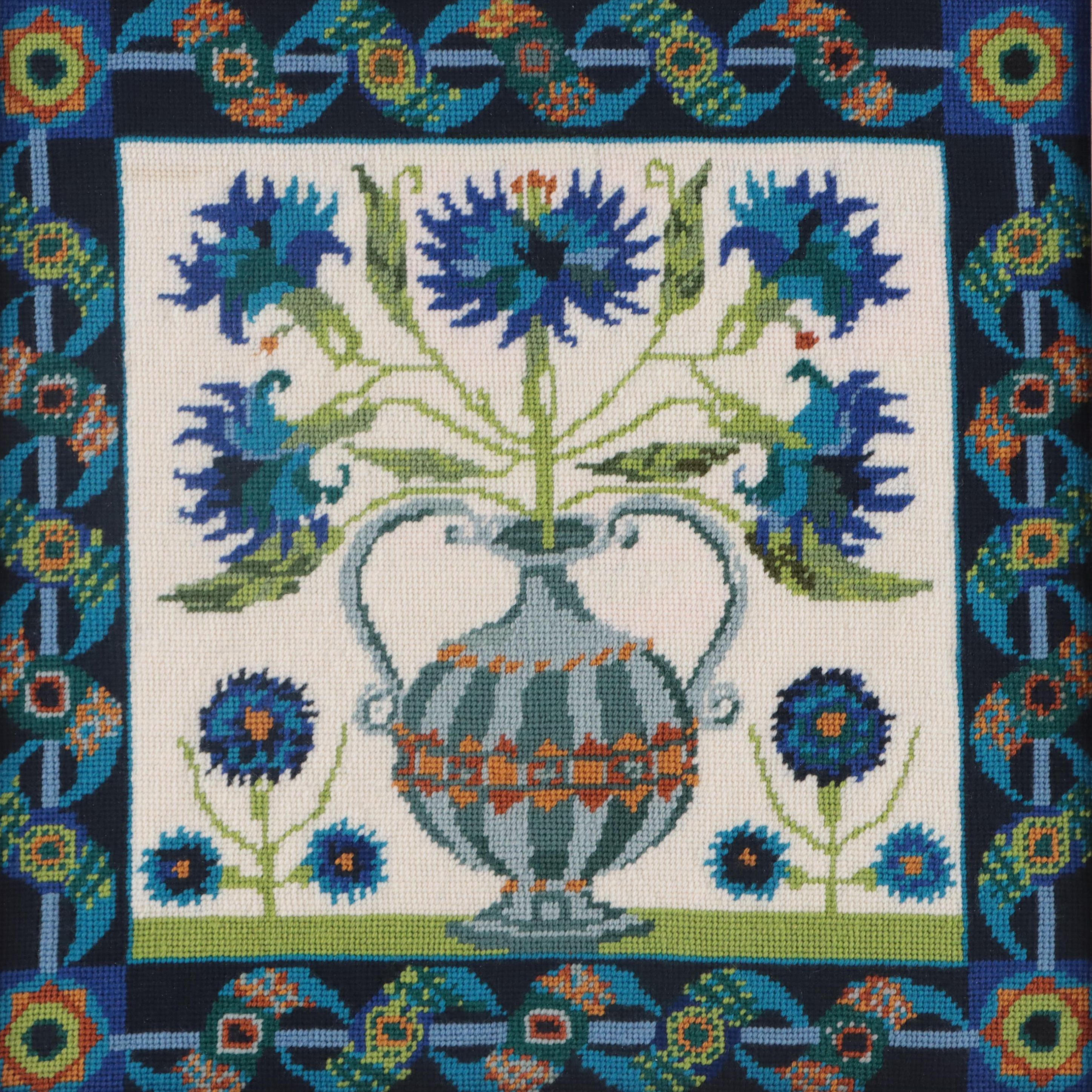 Floral Still Life Needlepoint Wall Hanging, Late 20th Century