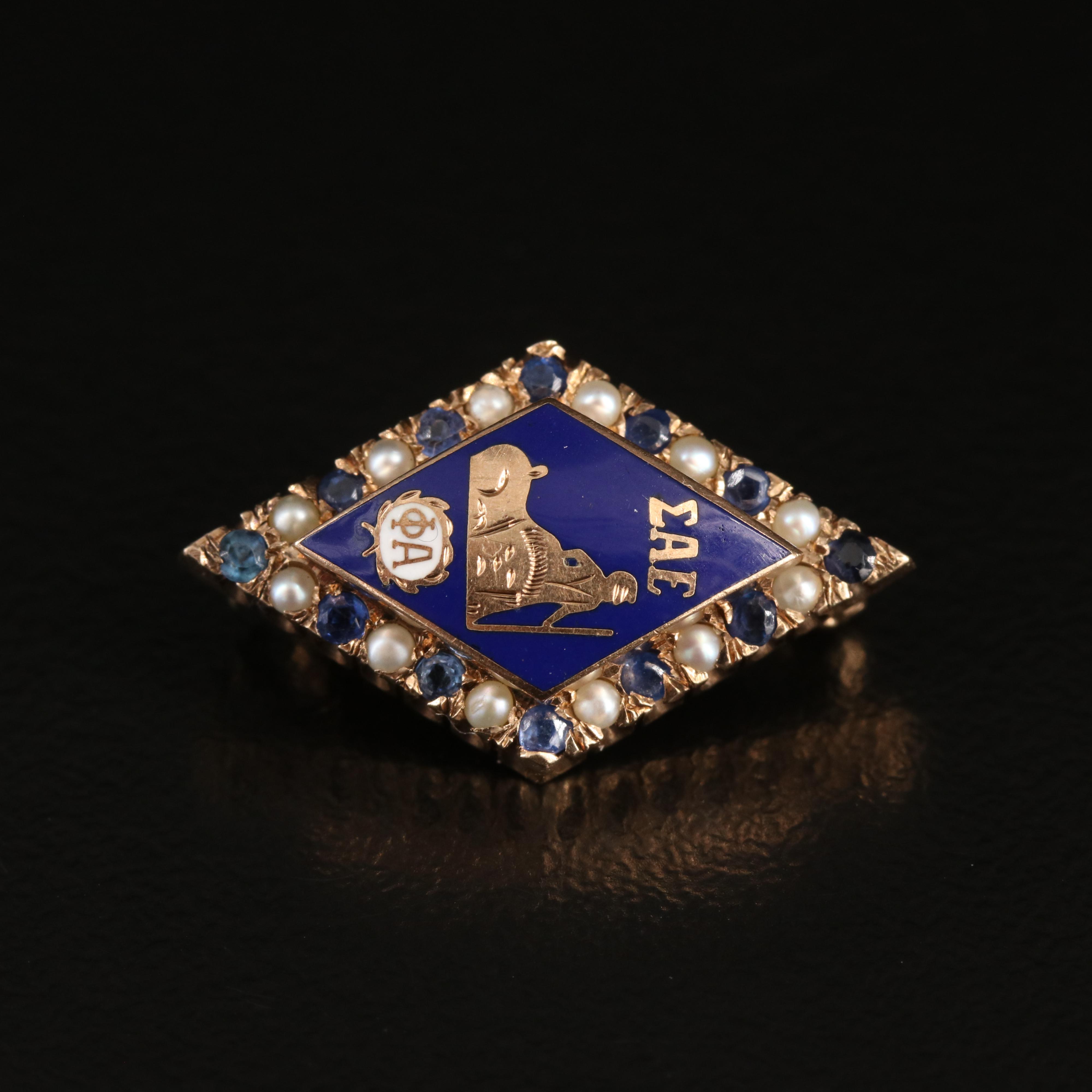 10K Sigma Alpha Epsilon Fraternity Sapphire, Seed Pearl and Enamel Pin