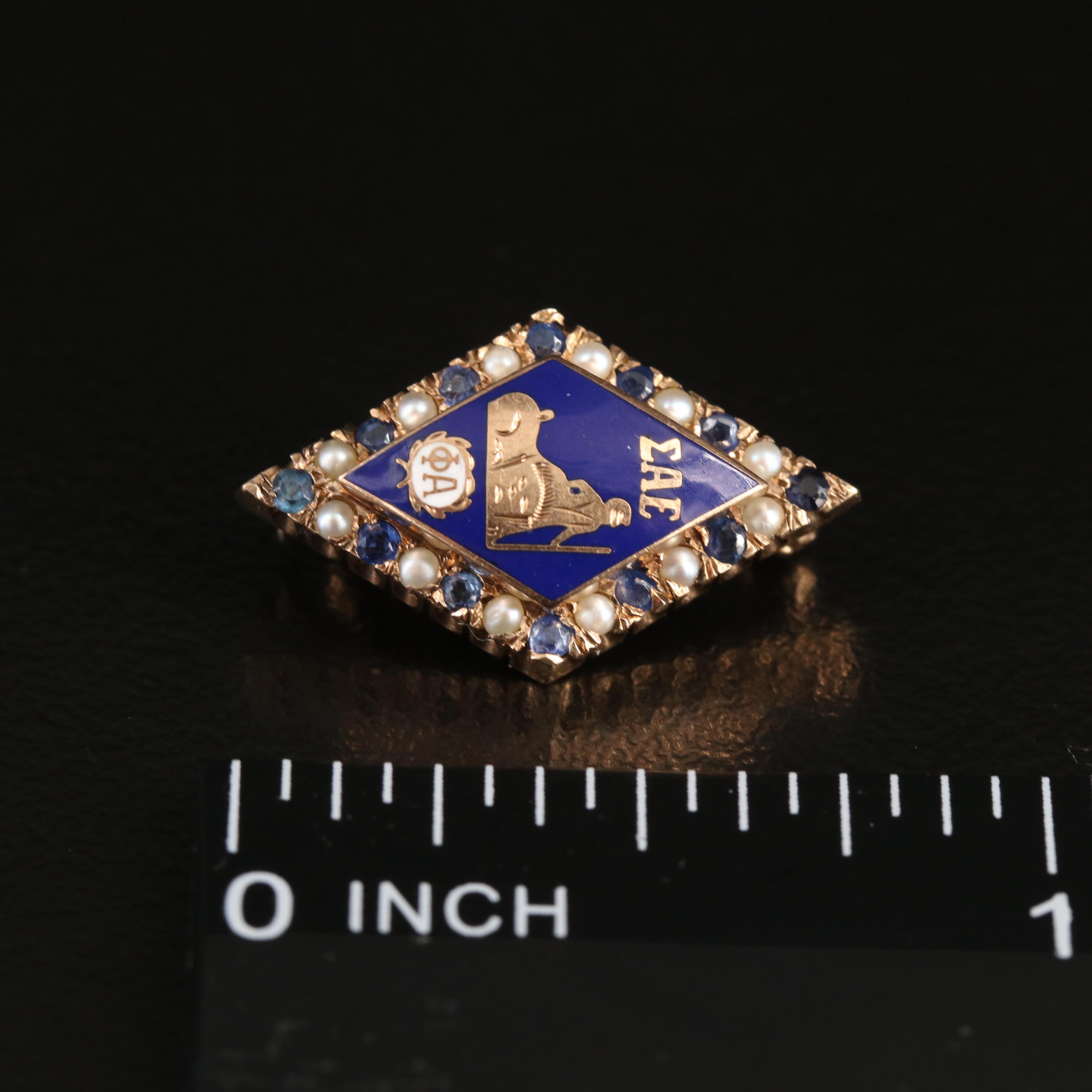 10K Sigma Alpha Epsilon Fraternity Sapphire, Seed Pearl and Enamel Pin