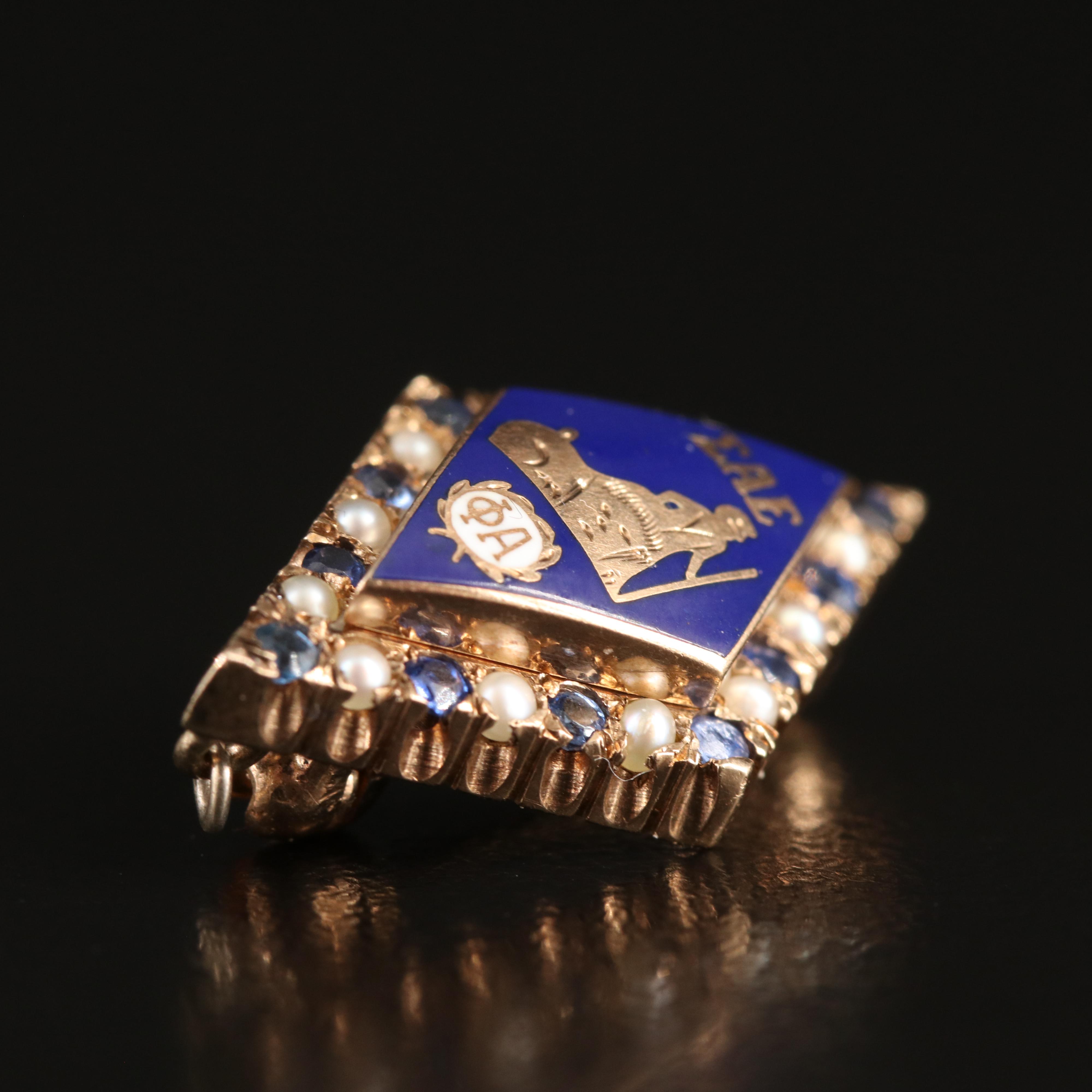 10K Sigma Alpha Epsilon Fraternity Sapphire, Seed Pearl and Enamel Pin