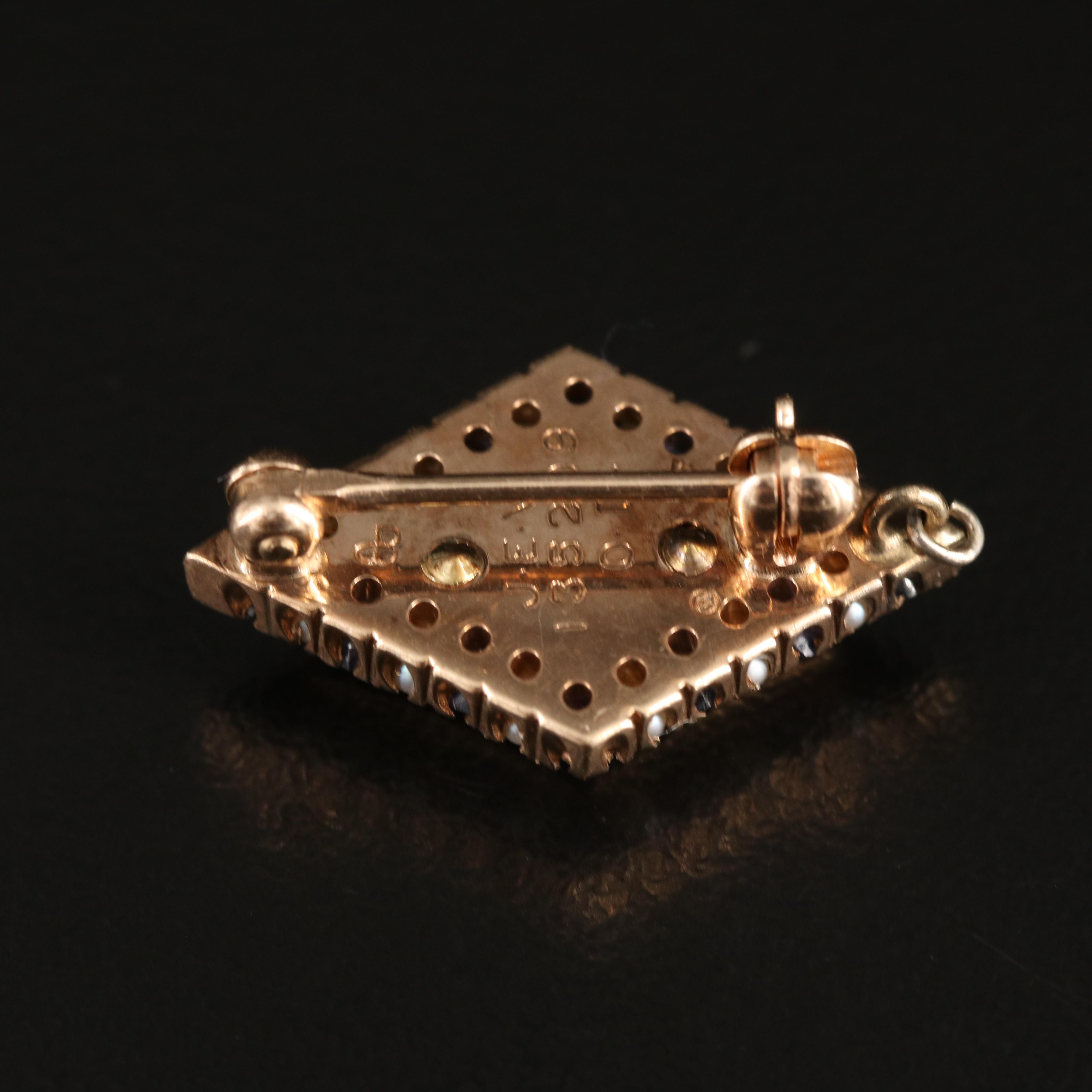 10K Sigma Alpha Epsilon Fraternity Sapphire, Seed Pearl and Enamel Pin