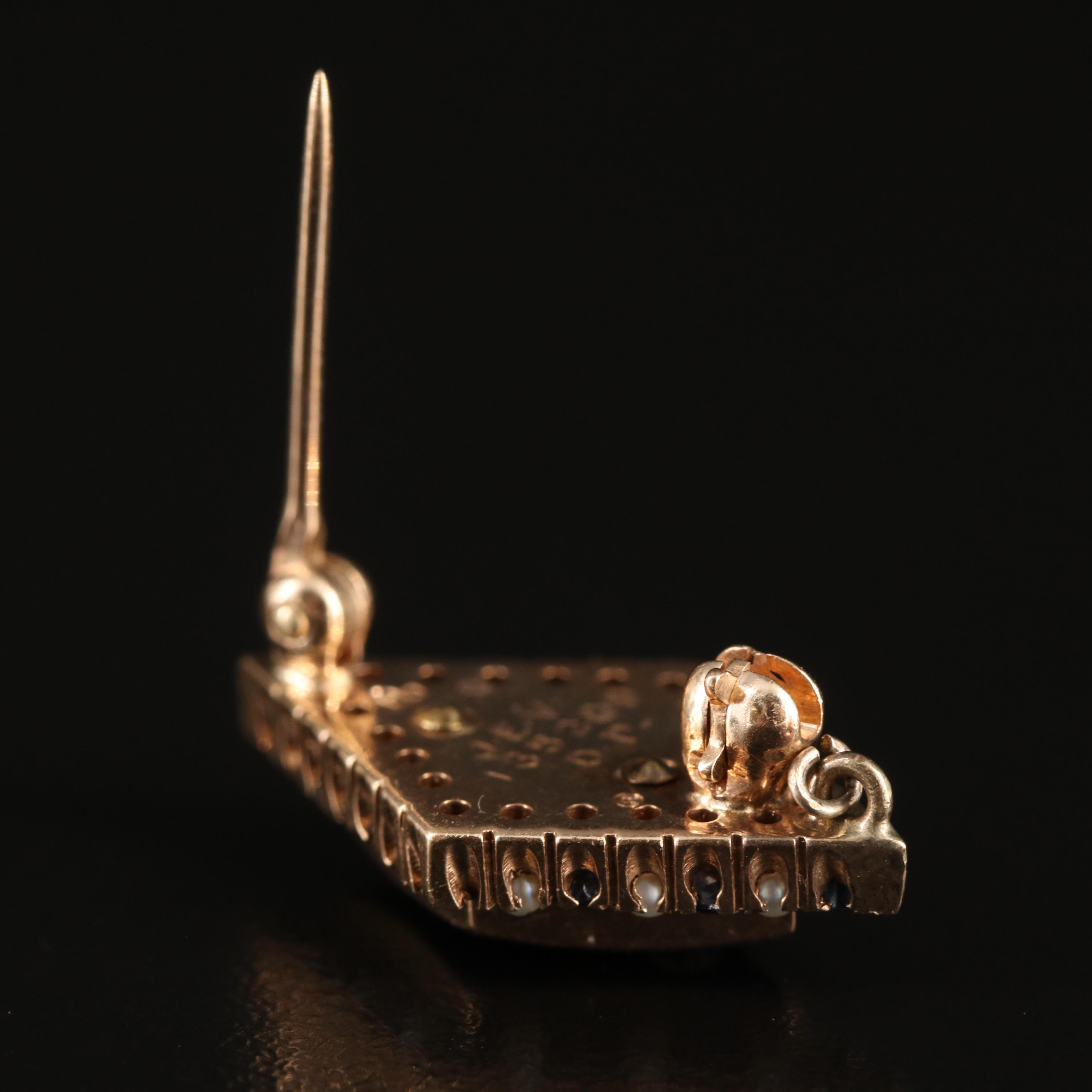 10K Sigma Alpha Epsilon Fraternity Sapphire, Seed Pearl and Enamel Pin