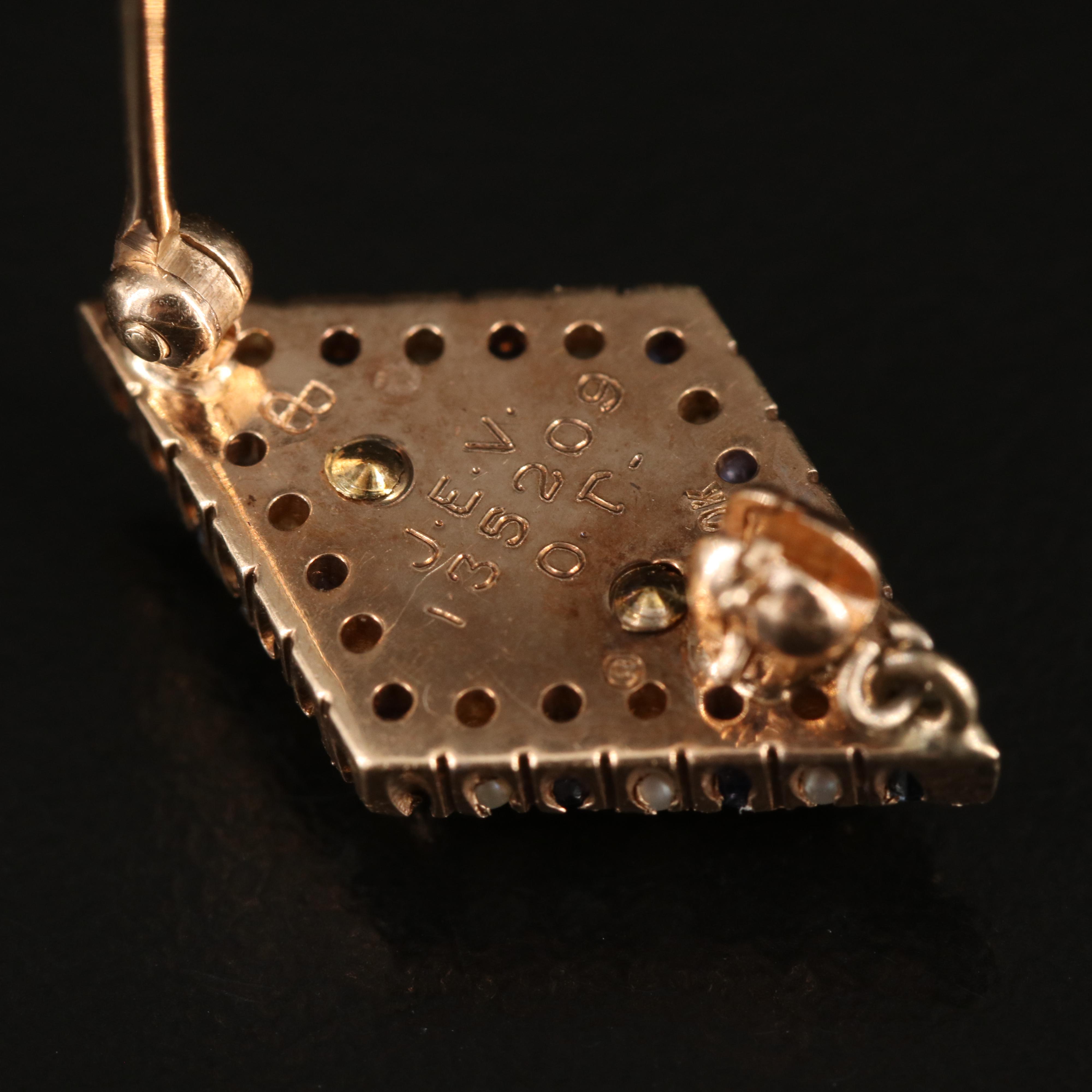 10K Sigma Alpha Epsilon Fraternity Sapphire, Seed Pearl and Enamel Pin