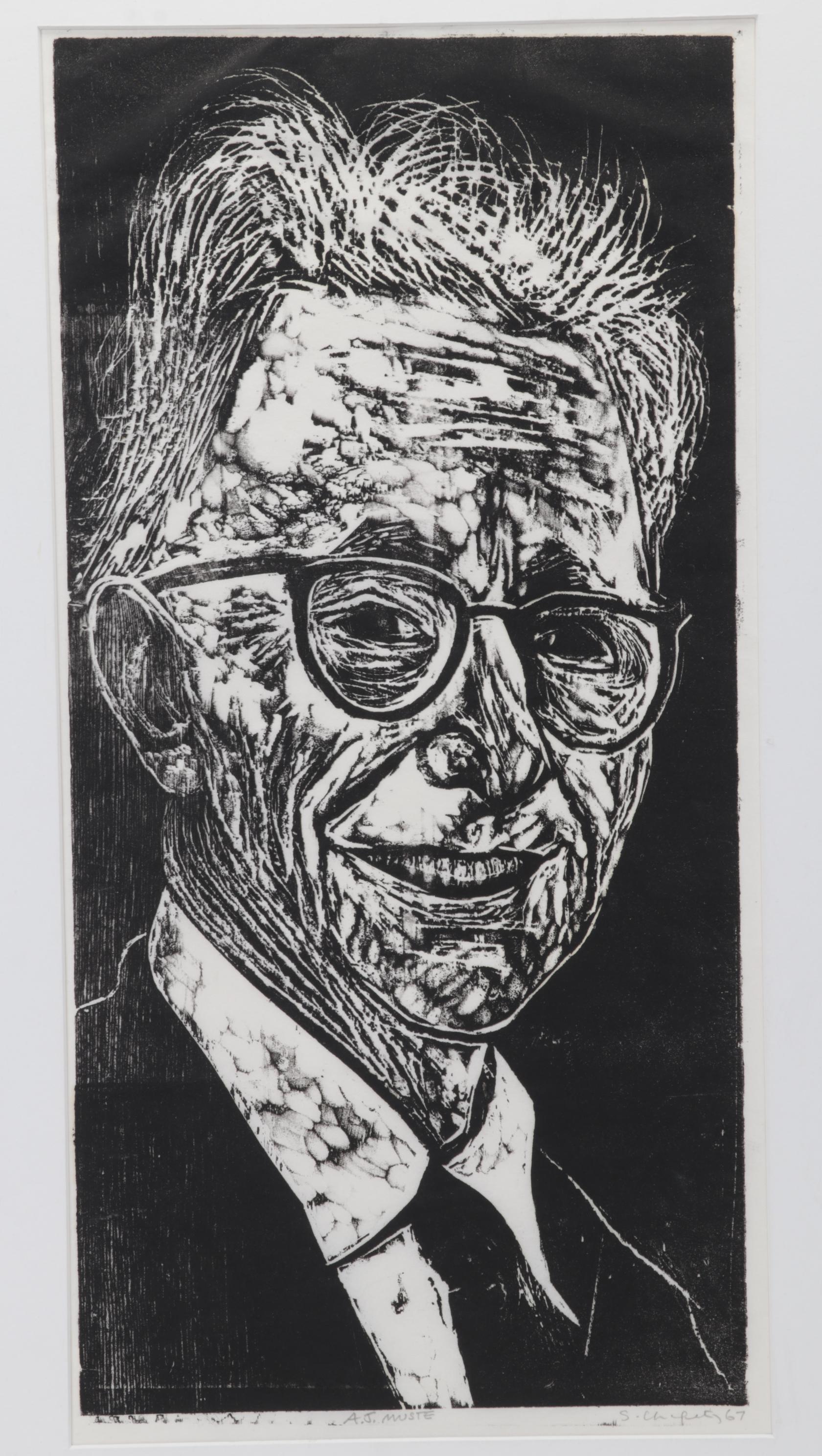 Sidney Chafetz Woodcut "A. J. Muste," 1967