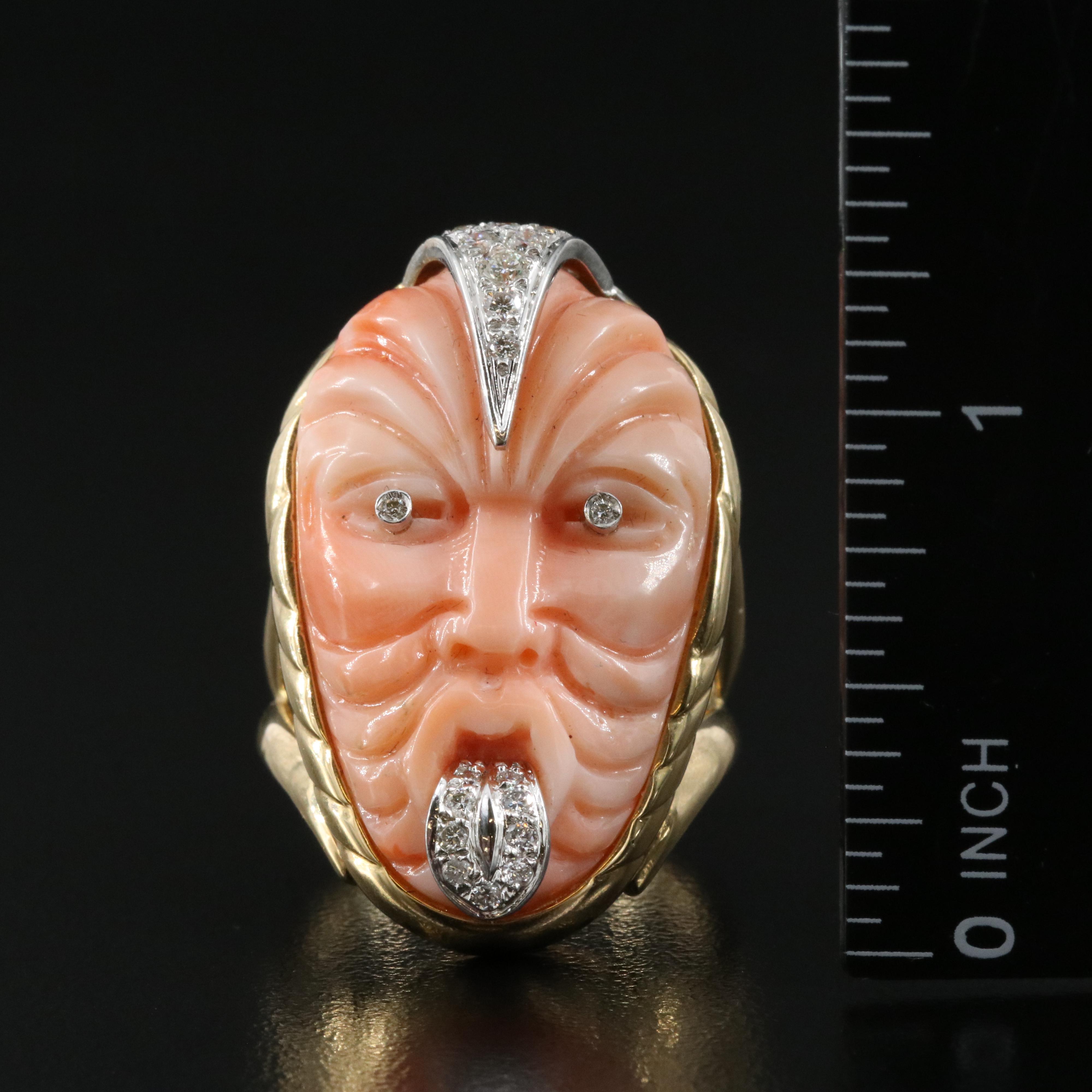 18K Coral and Diamond Māori Haka Style Ring