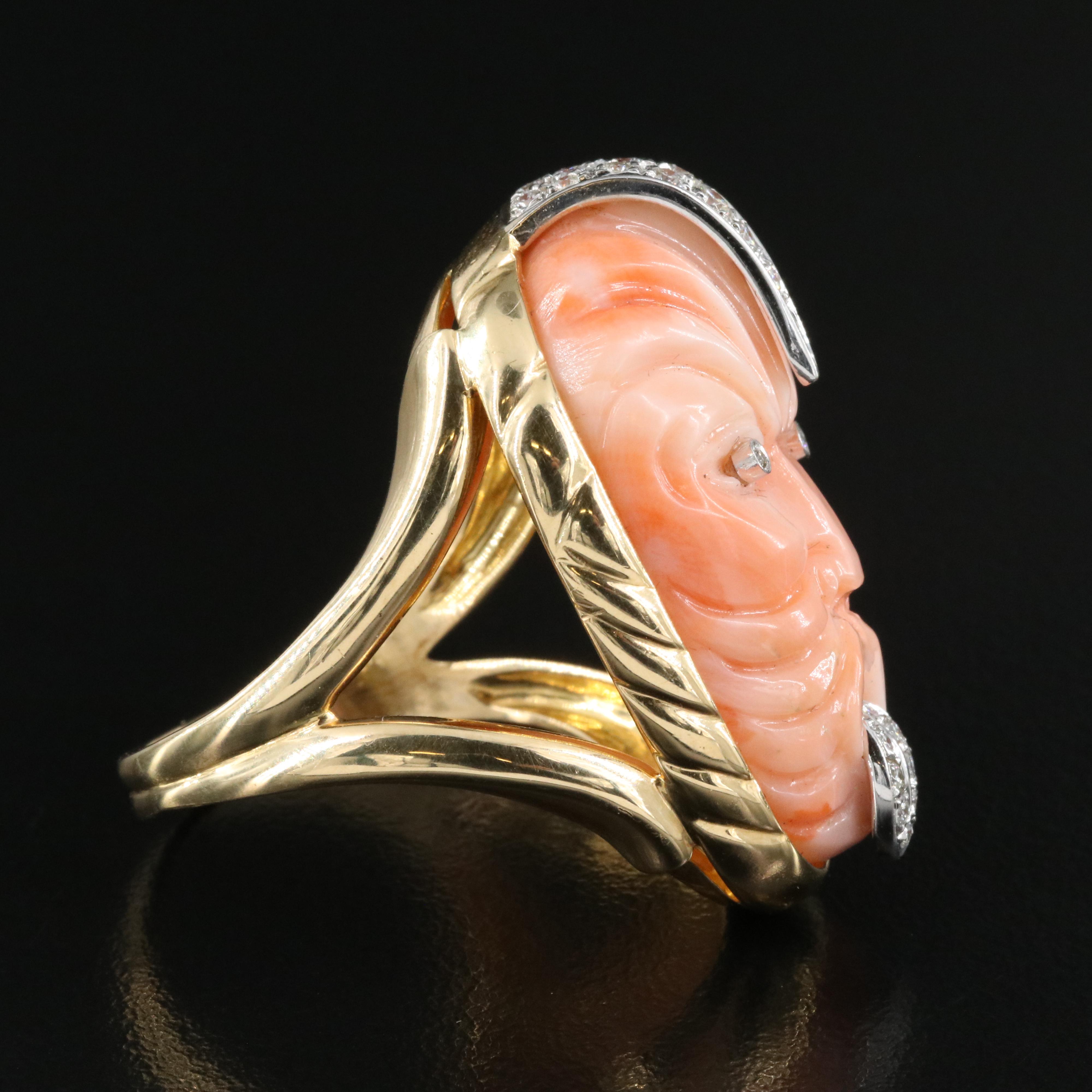 18K Coral and Diamond Māori Haka Style Ring