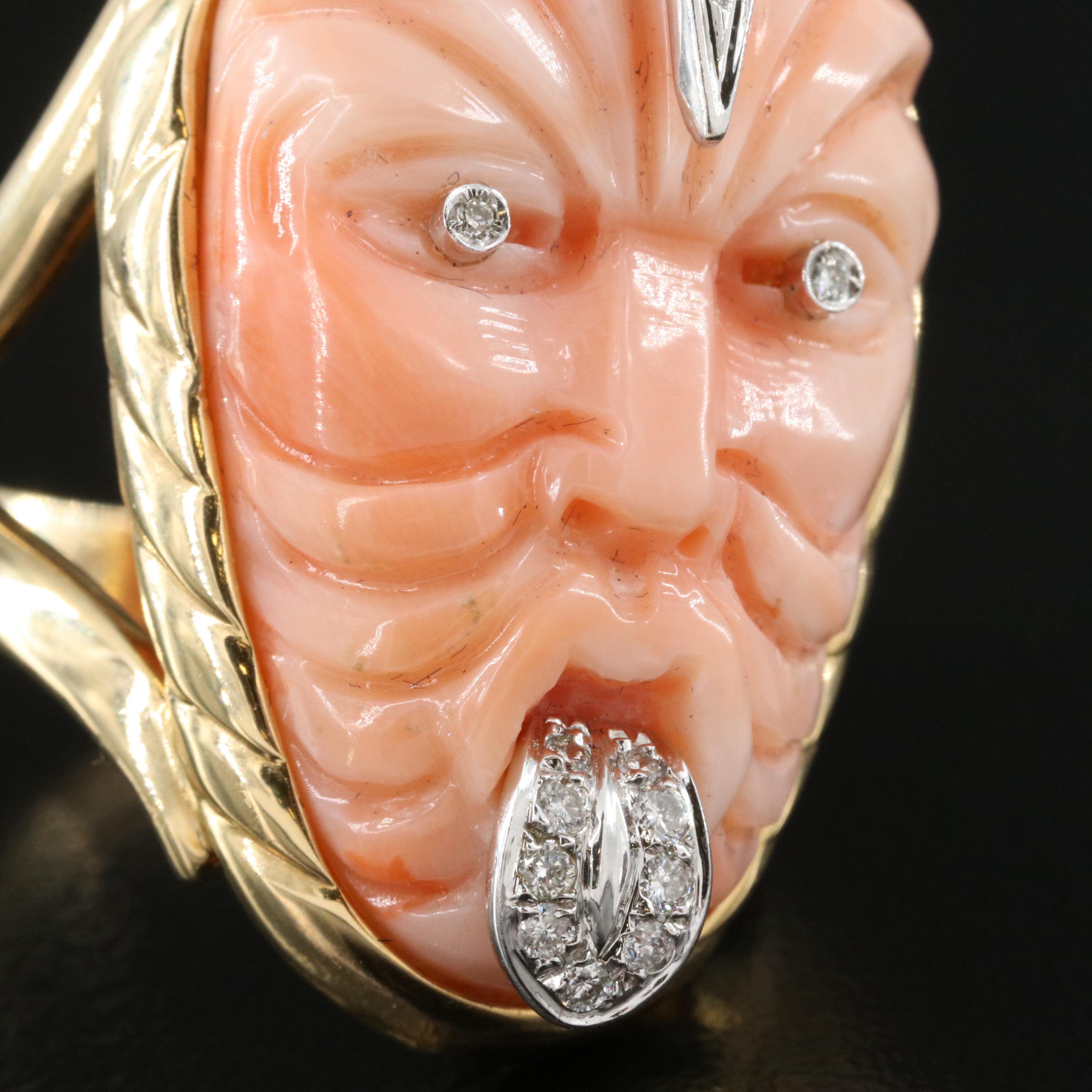 18K Coral and Diamond Māori Haka Style Ring