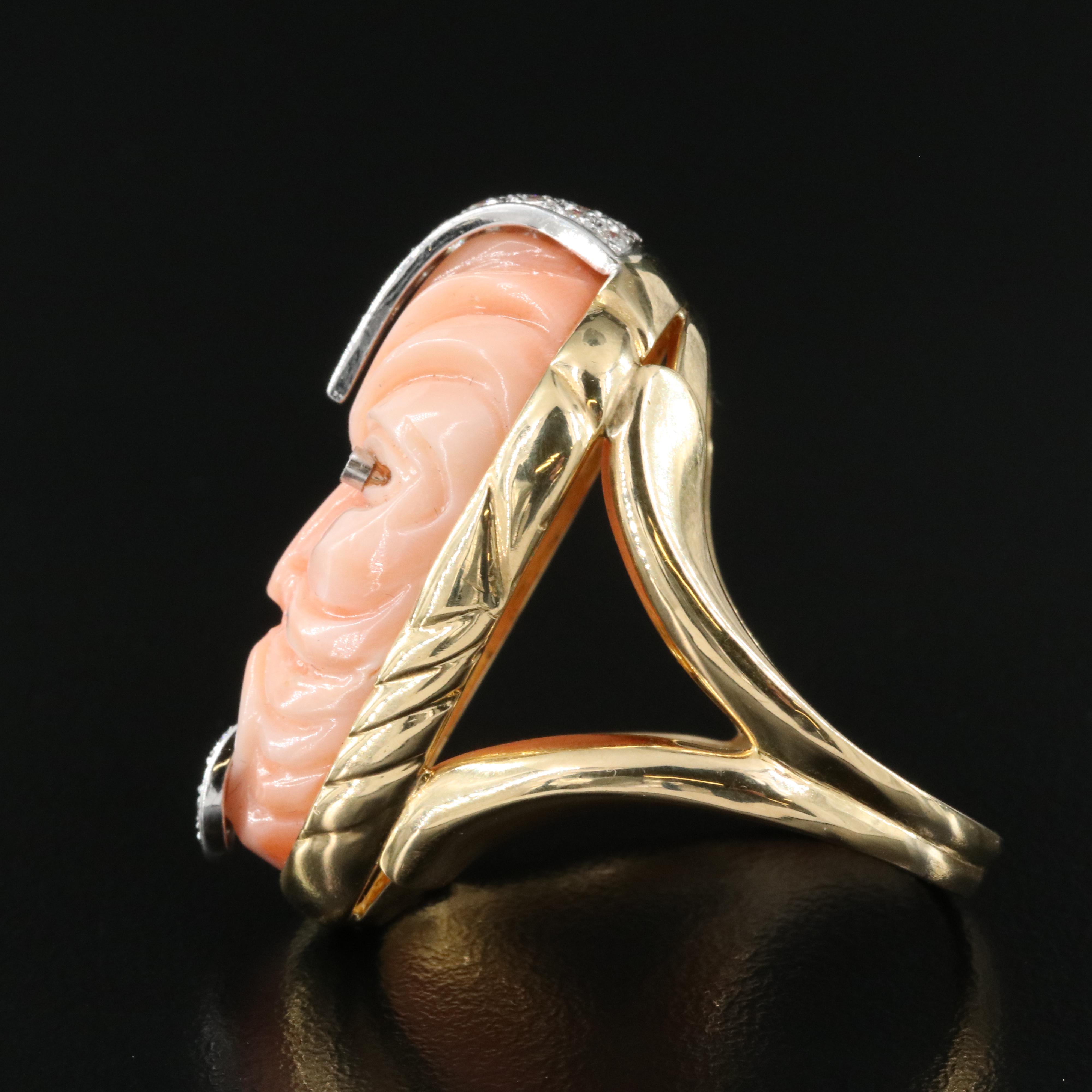 18K Coral and Diamond Māori Haka Style Ring