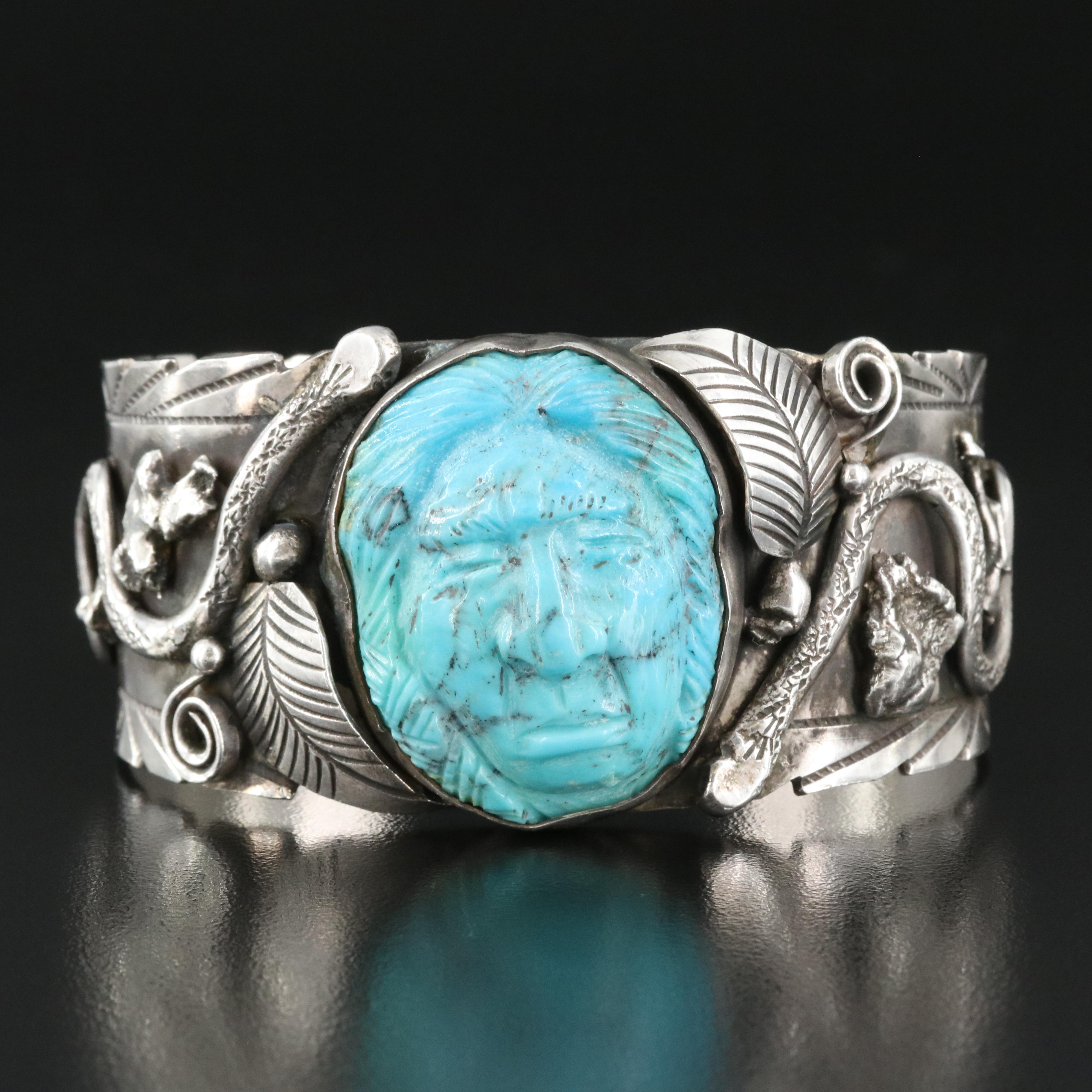 Early Francisco Gomez Sterling Carved Turquoise Cuff