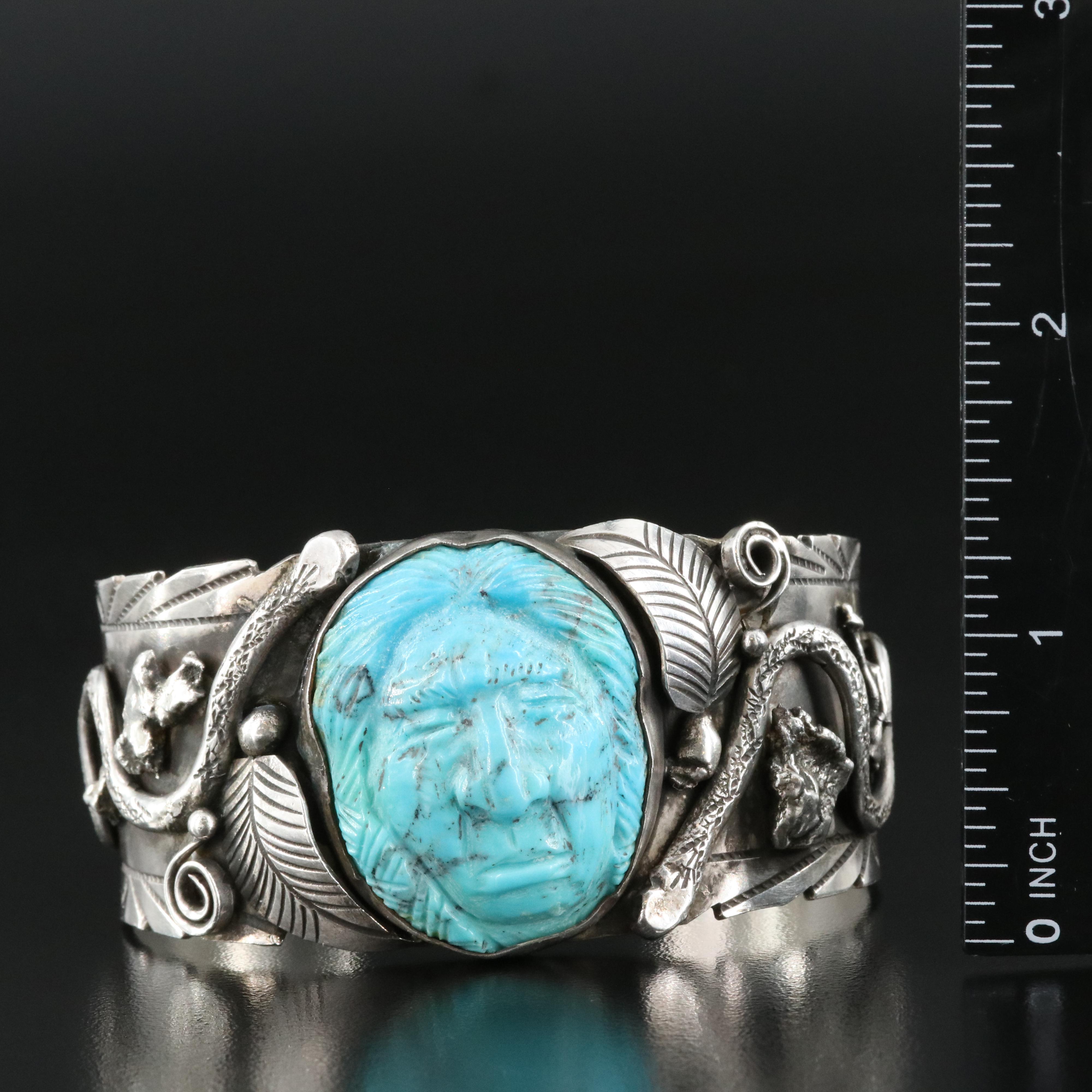 Early Francisco Gomez Sterling Carved Turquoise Cuff