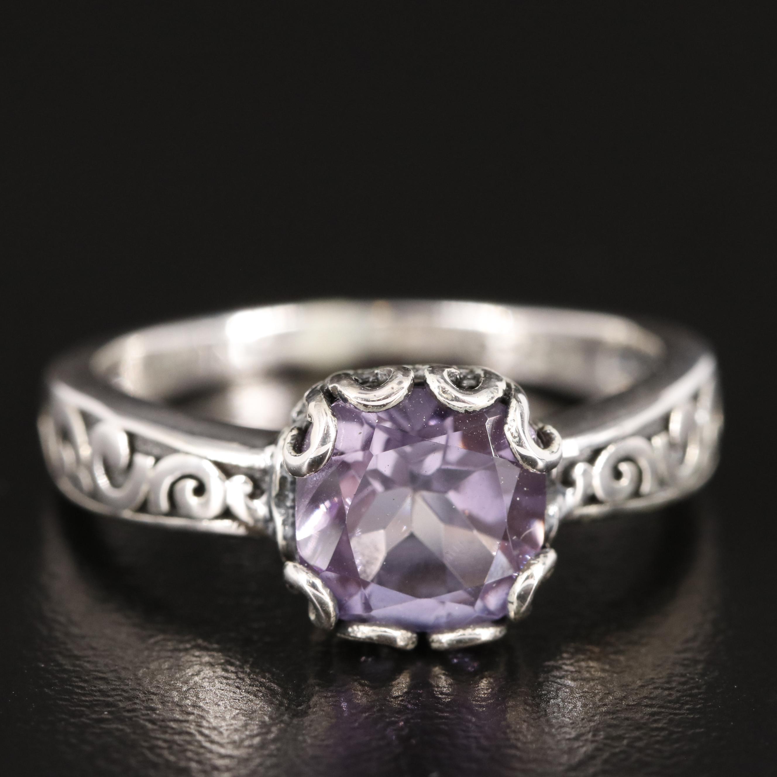 Sterling Amethyst Ring with Scrollwork Accents