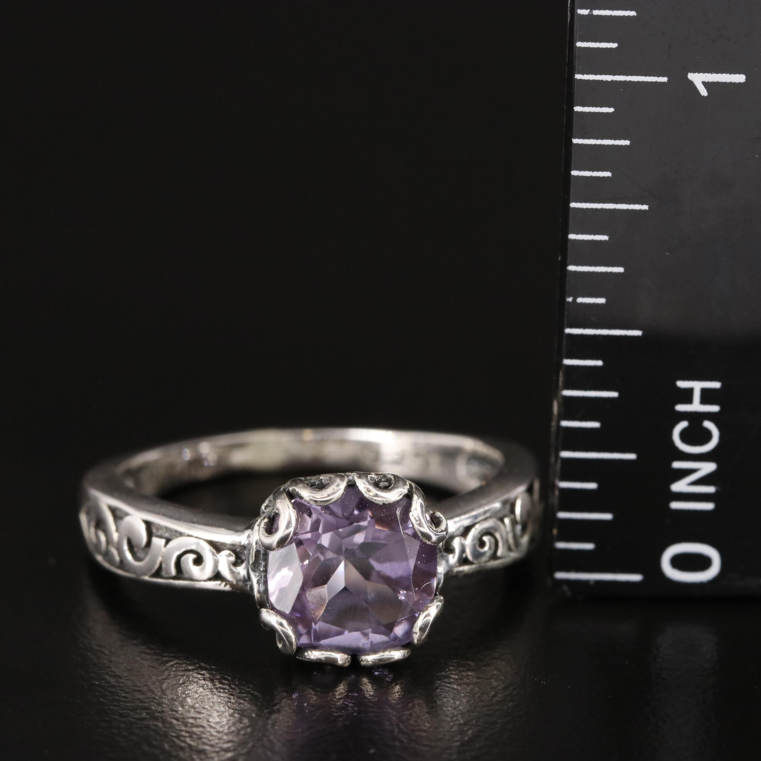 Sterling Amethyst Ring with Scrollwork Accents