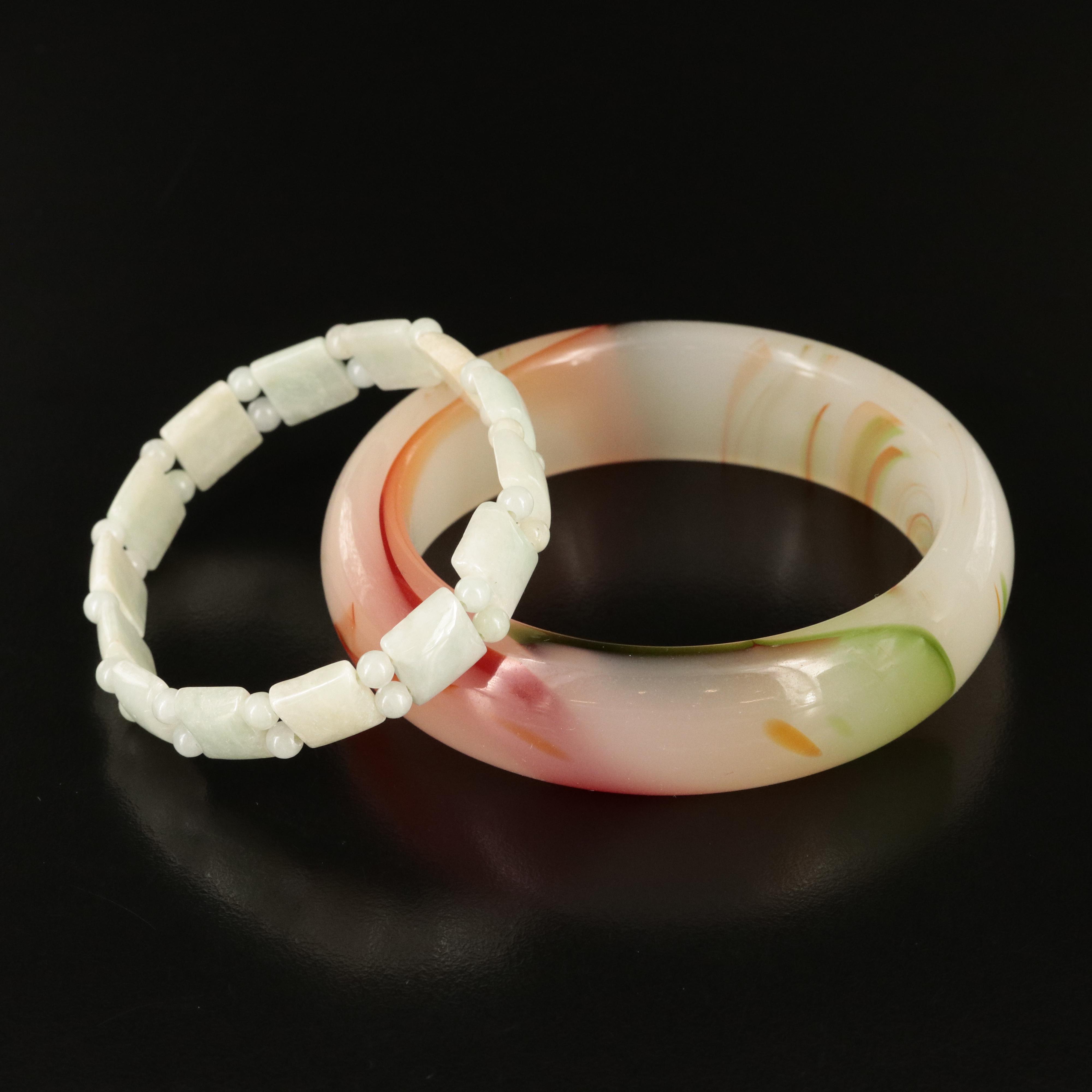Agate Hololith Bangle with Jadeite Bracelet