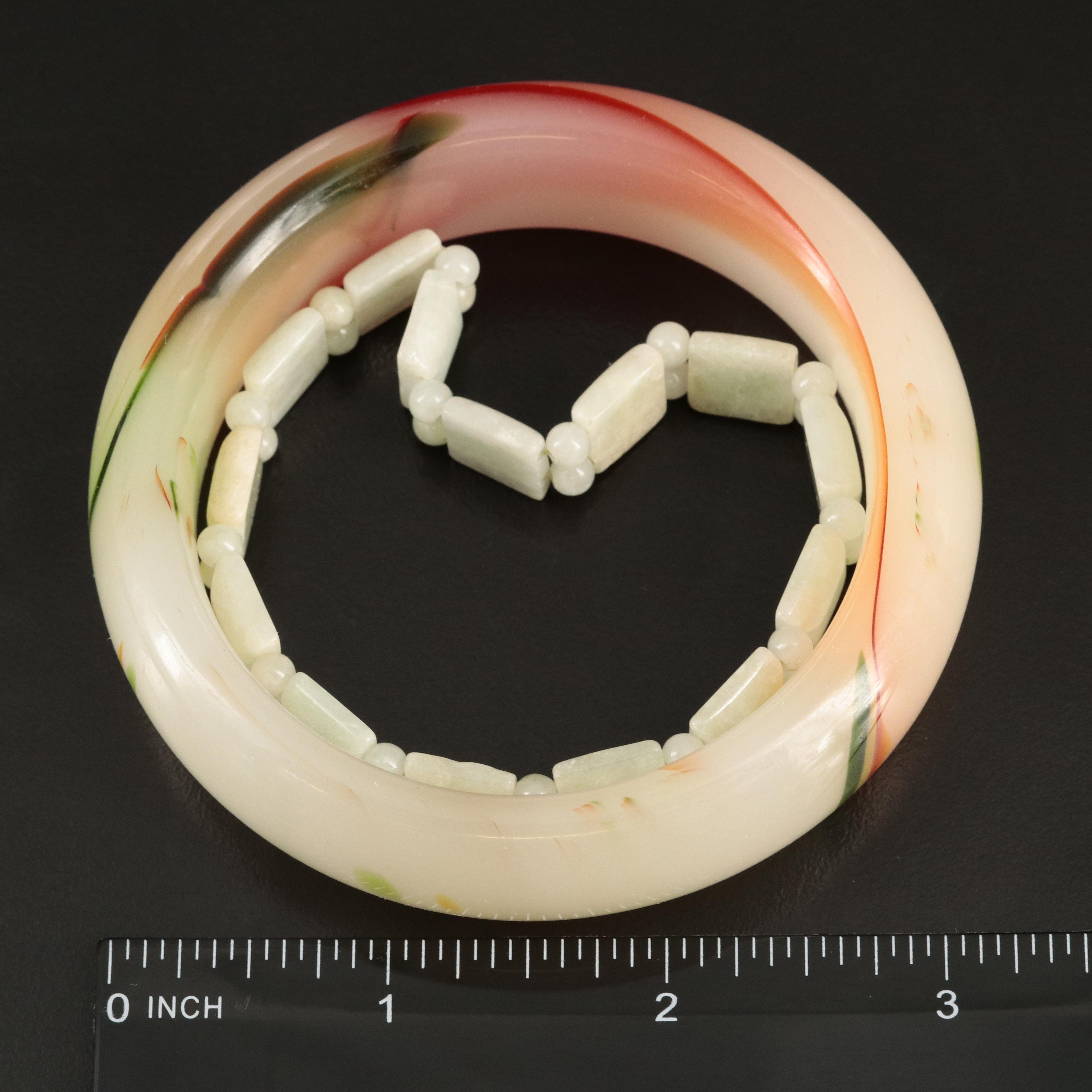 Agate Hololith Bangle with Jadeite Bracelet