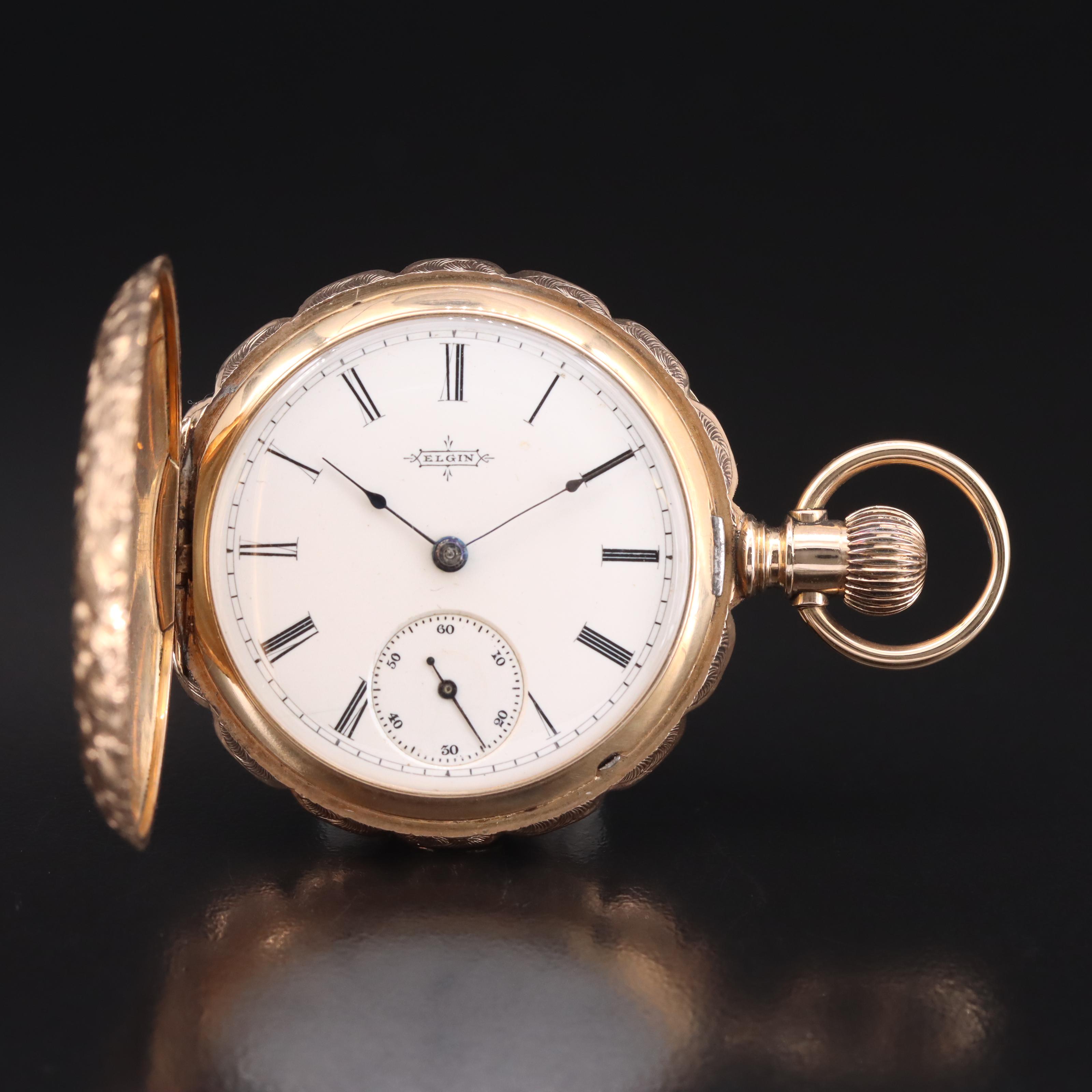 14K Elgin Scalloped Edge Hunting Case Pocket Watch
