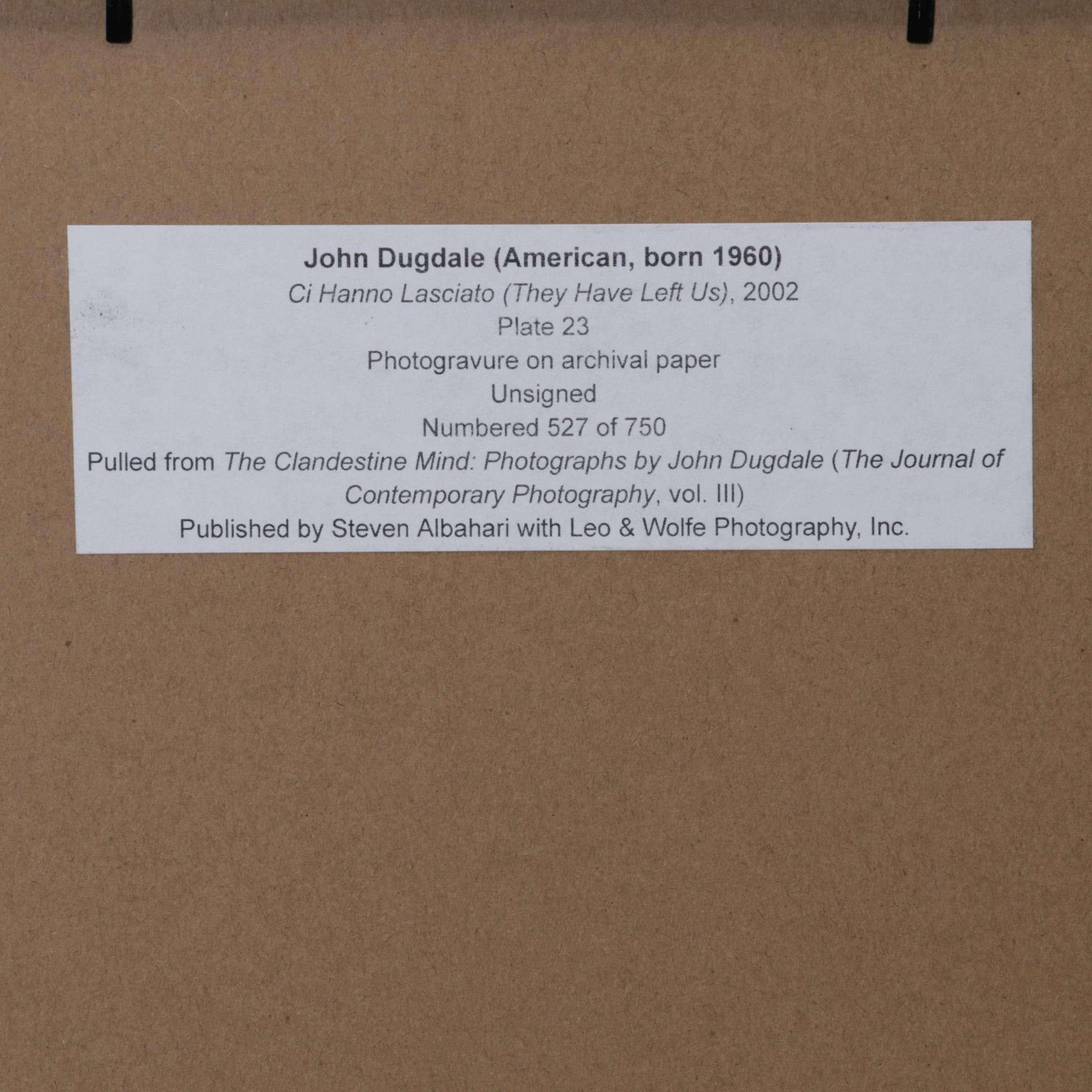 John Dugdale Photogravure "Ci hanno lasciato" From "The Clandestine Mind," 2002