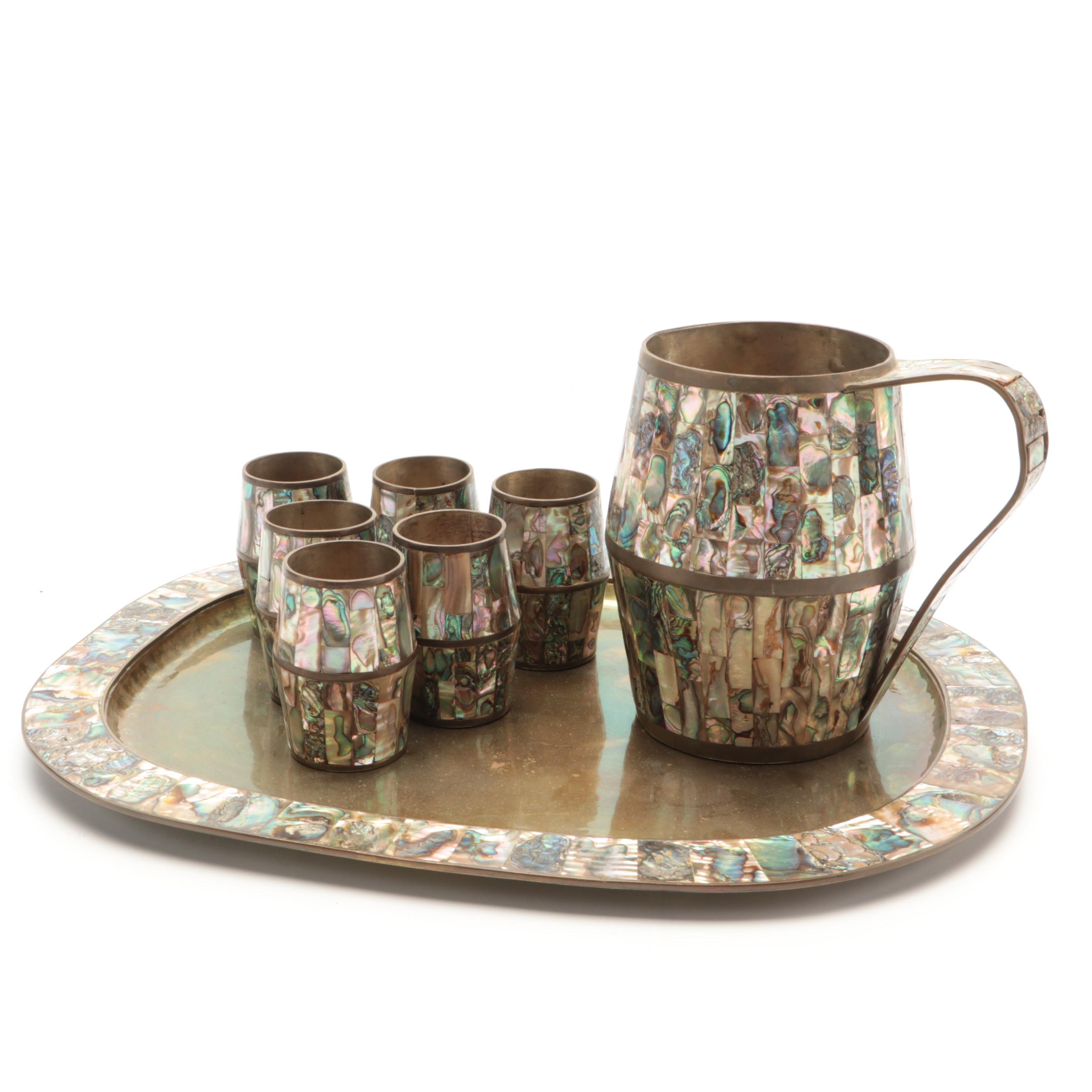 Colonial Mexican Brass Inlaid Abalone Shell Trays, Pitcher, Cups and Cordials