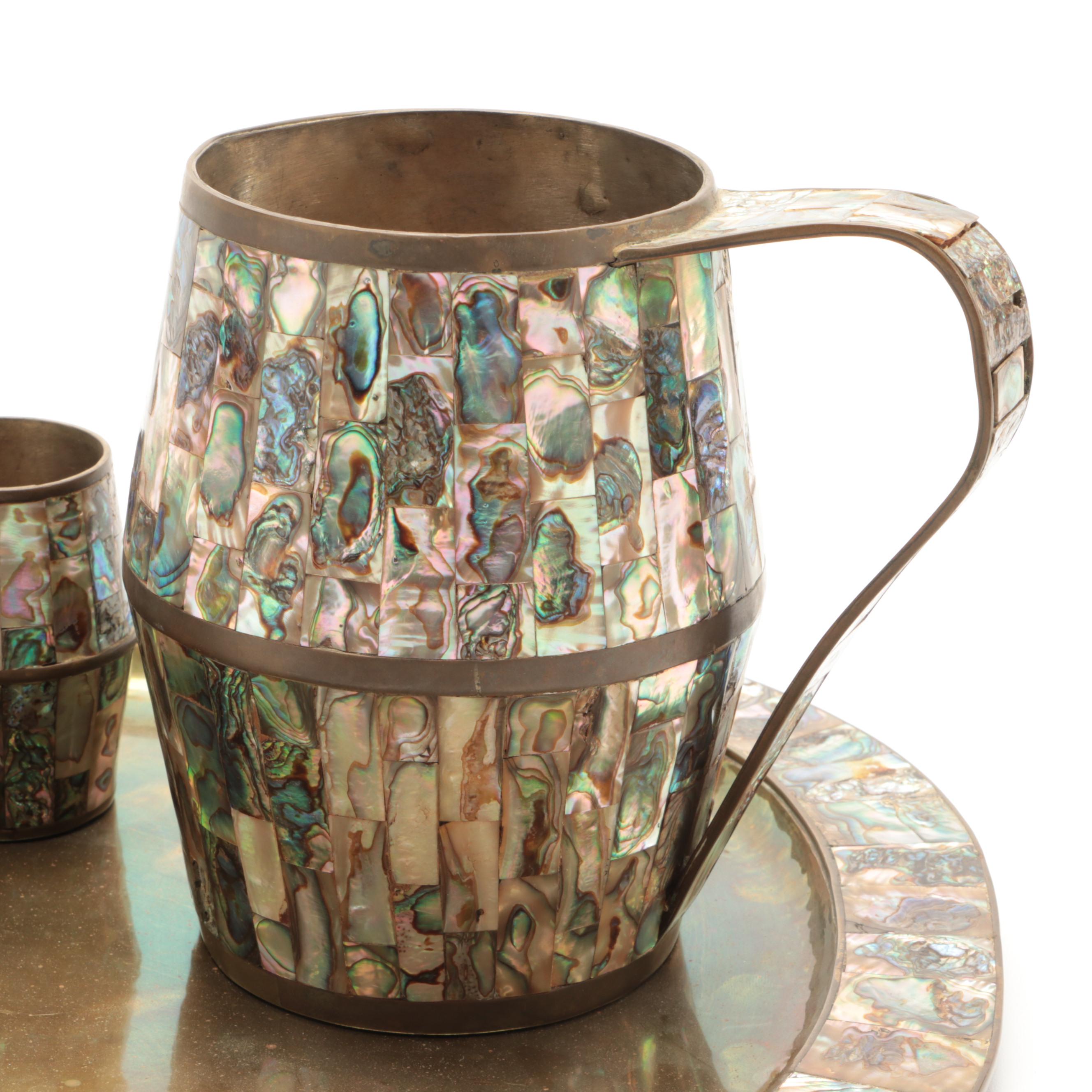 Colonial Mexican Brass Inlaid Abalone Shell Trays, Pitcher, Cups and Cordials