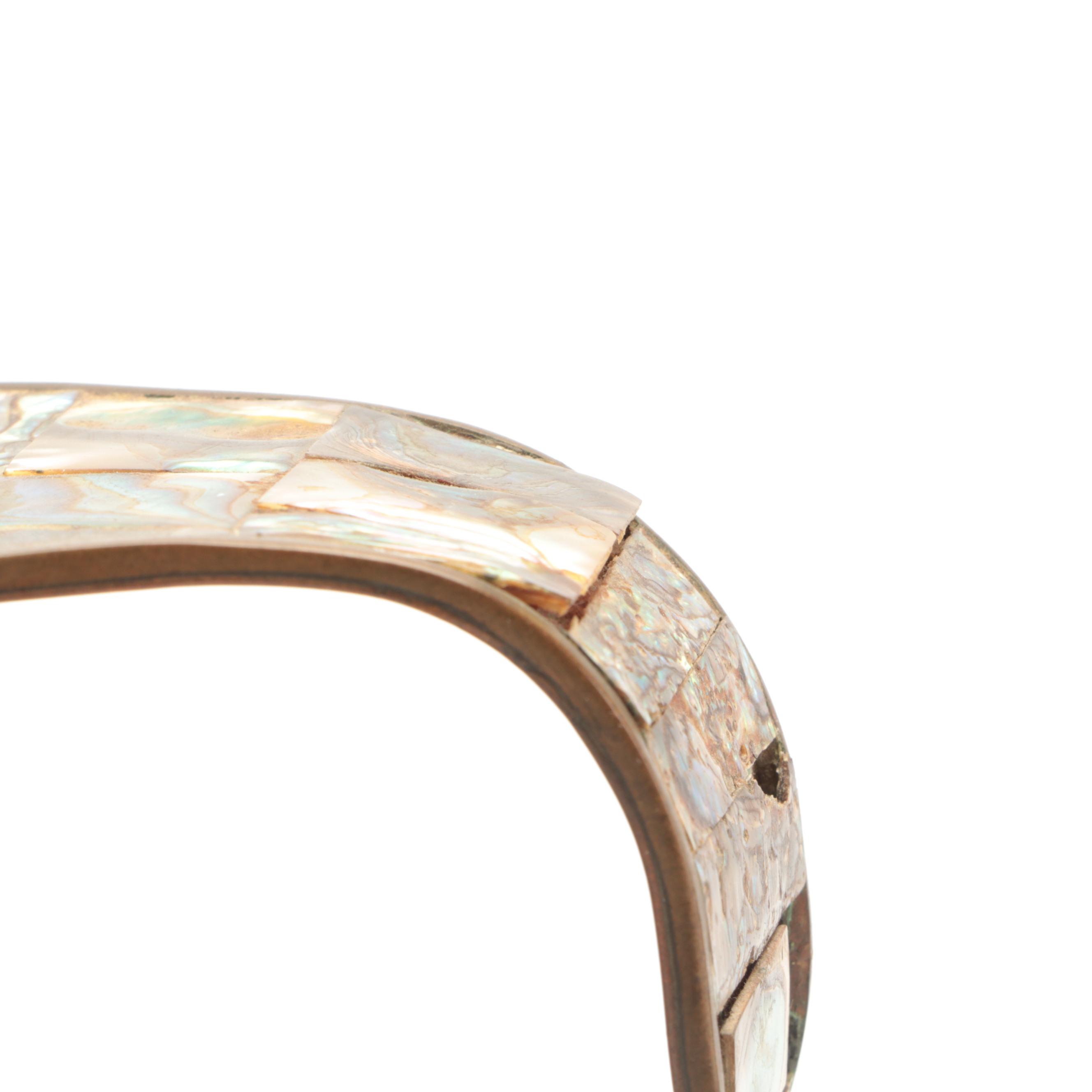 Colonial Mexican Brass Inlaid Abalone Shell Trays, Pitcher, Cups and Cordials