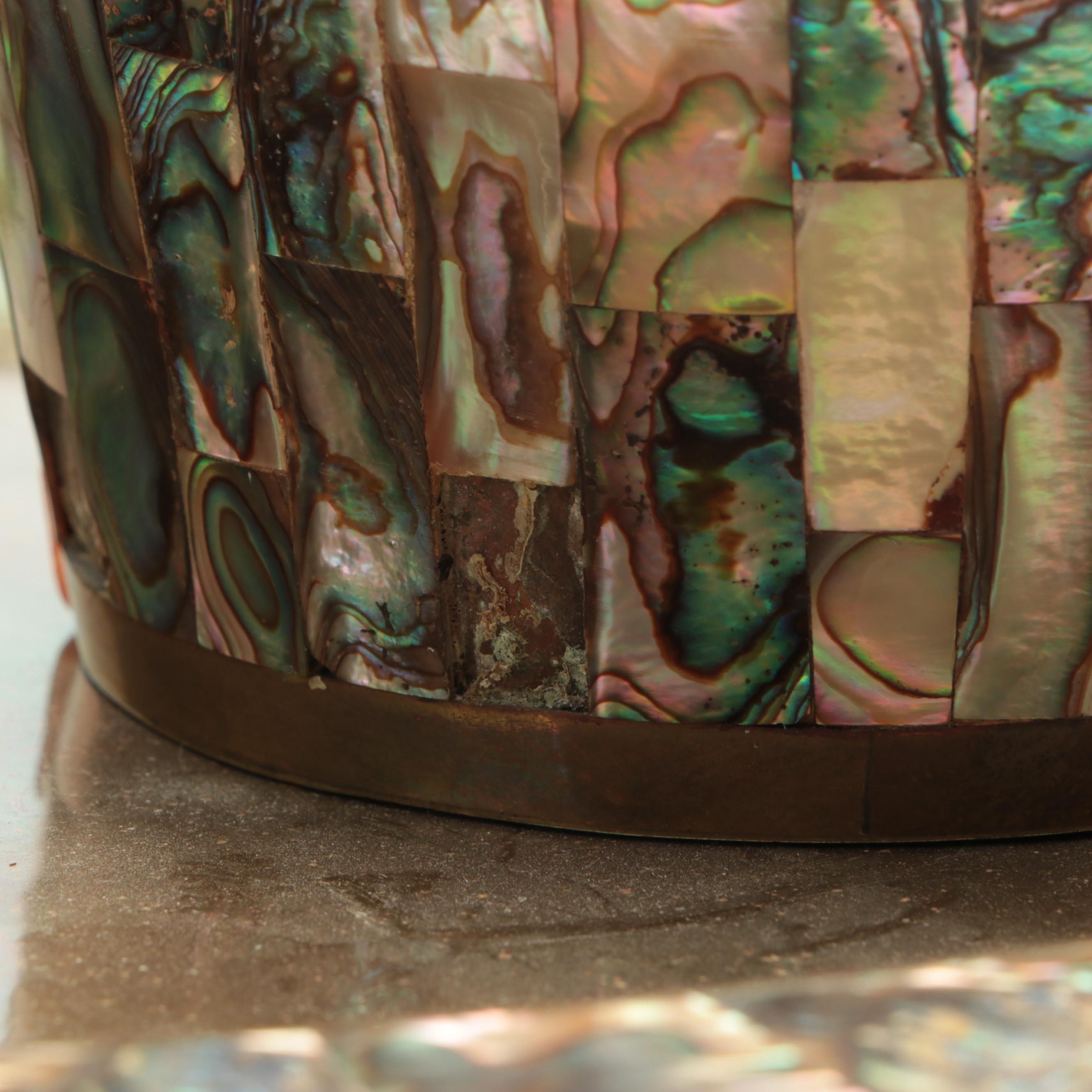 Colonial Mexican Brass Inlaid Abalone Shell Trays, Pitcher, Cups and Cordials