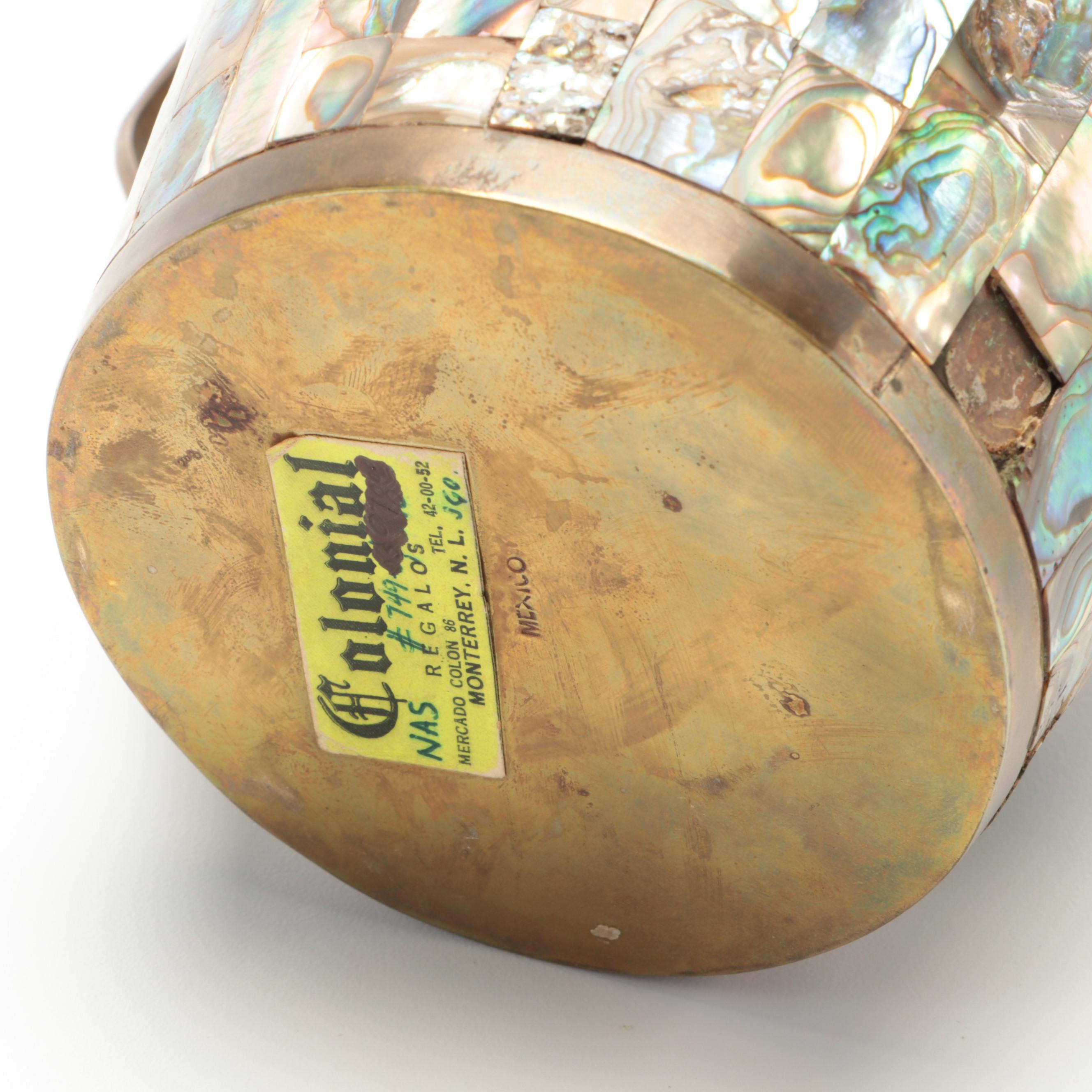 Colonial Mexican Brass Inlaid Abalone Shell Trays, Pitcher, Cups and Cordials