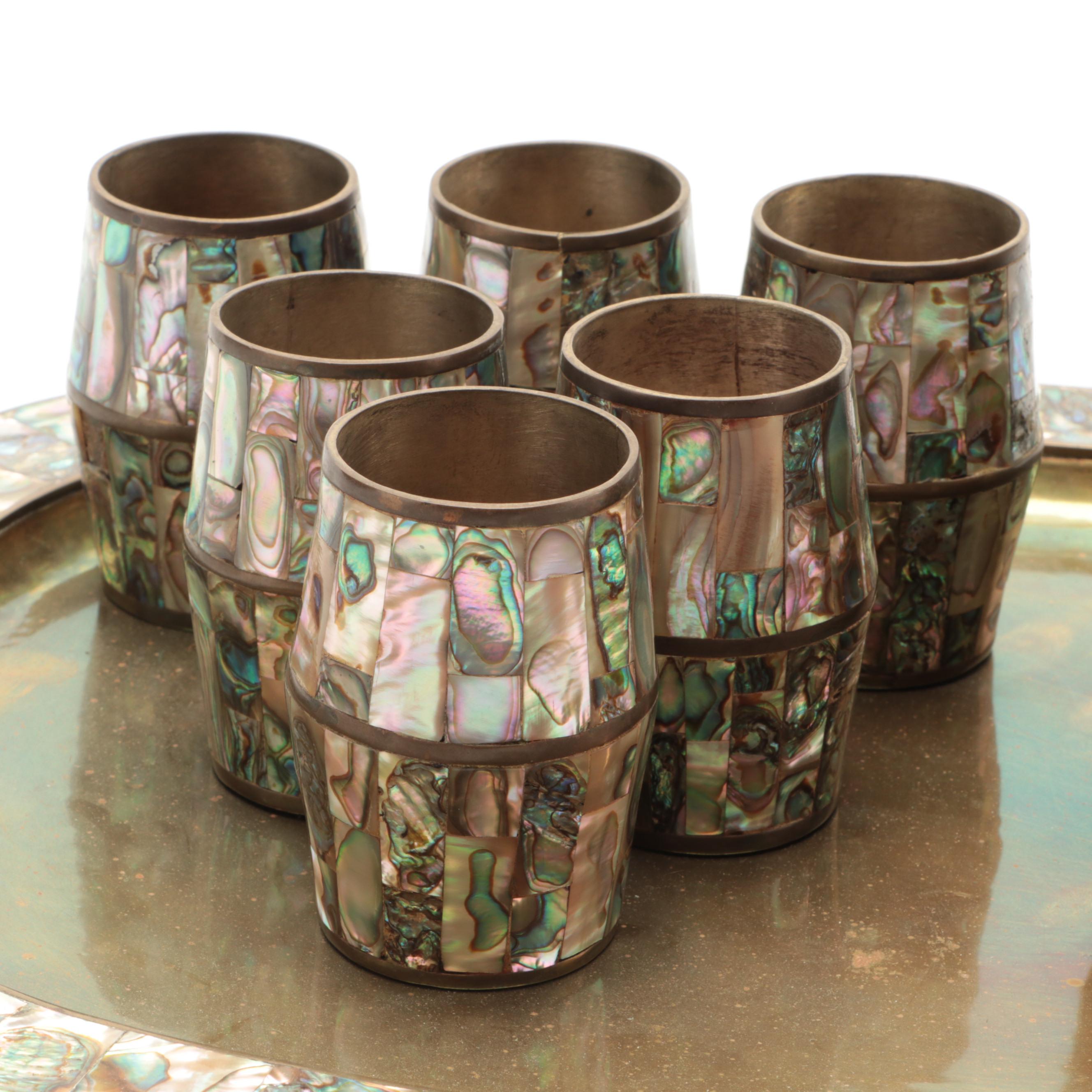 Colonial Mexican Brass Inlaid Abalone Shell Trays, Pitcher, Cups and Cordials
