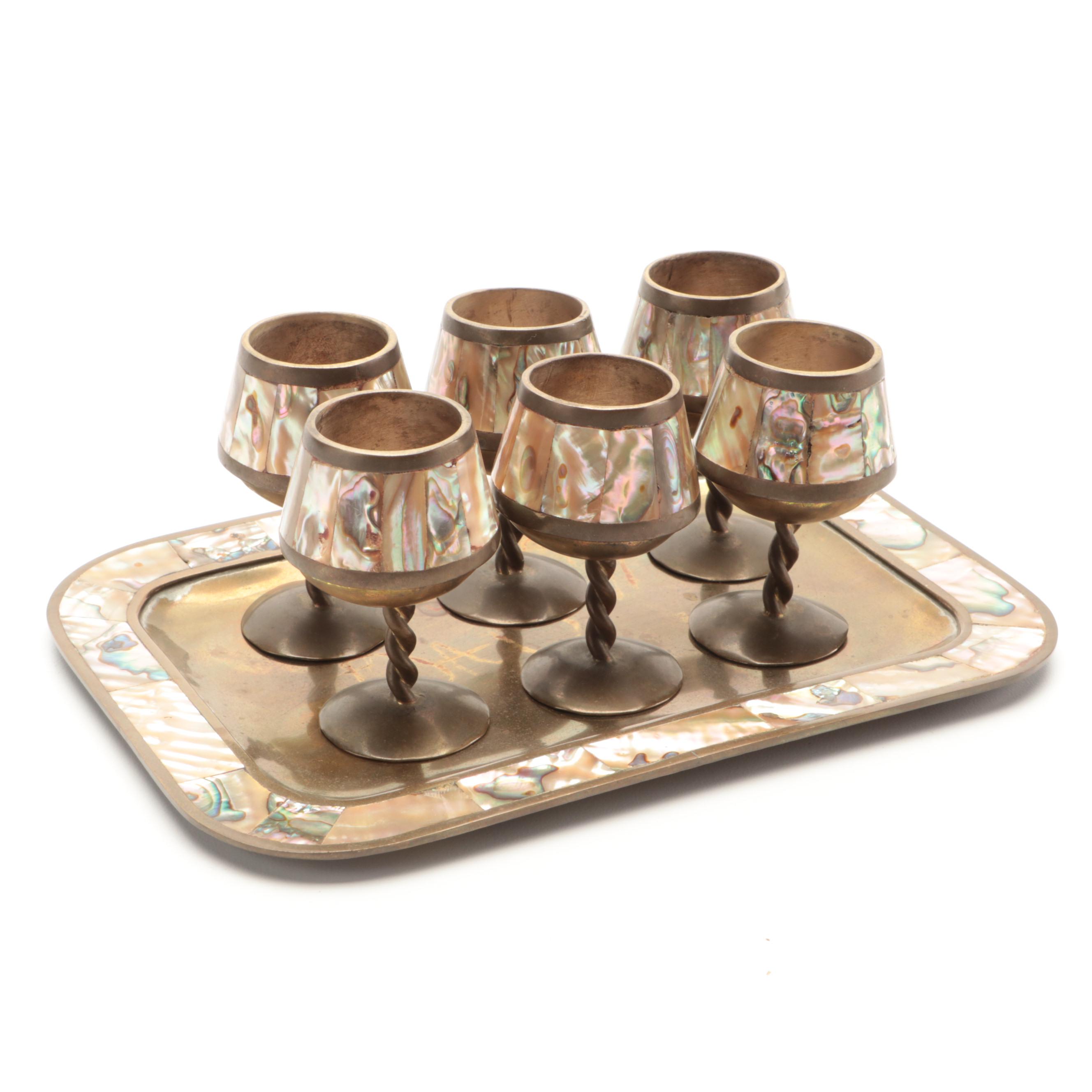 Colonial Mexican Brass Inlaid Abalone Shell Trays, Pitcher, Cups and Cordials