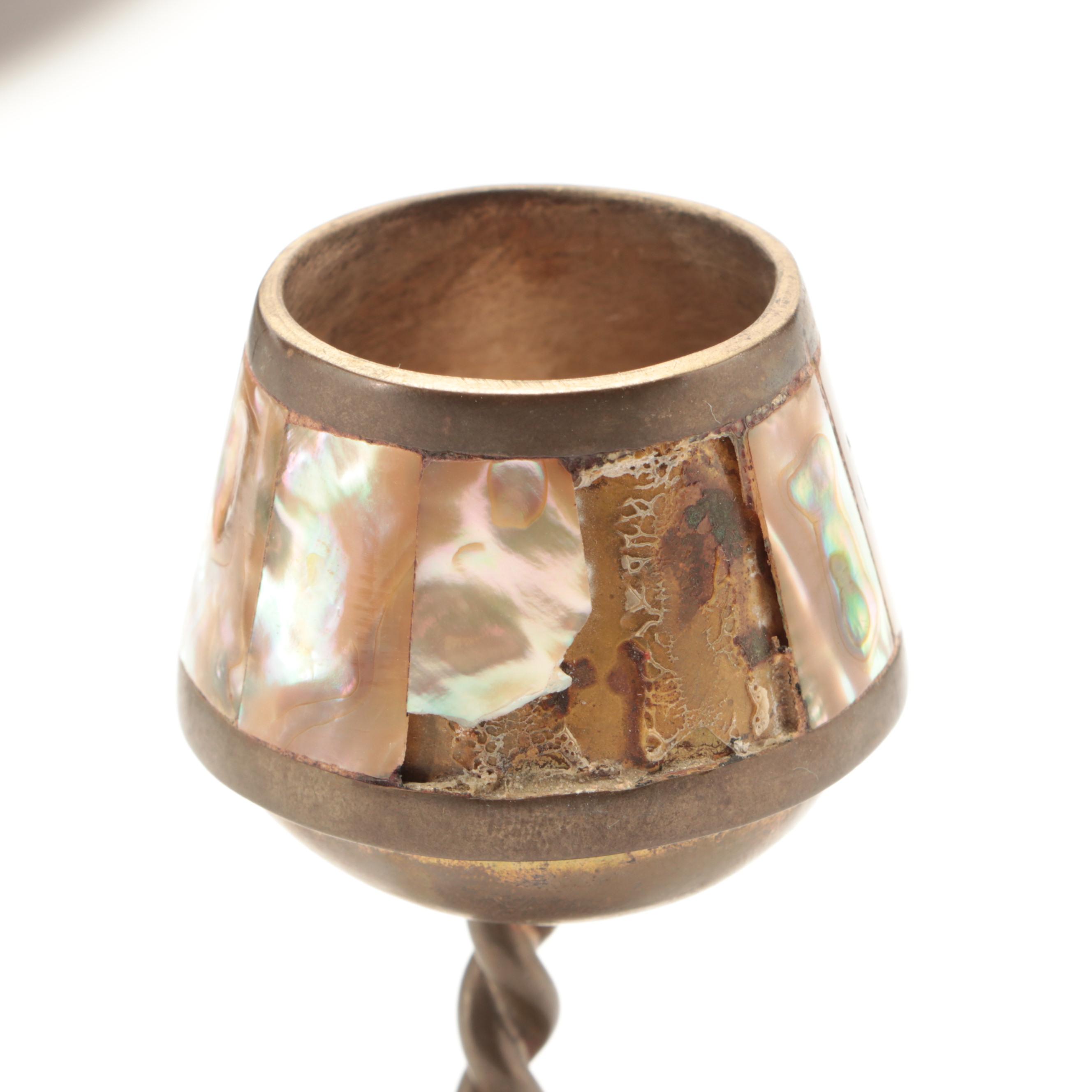 Colonial Mexican Brass Inlaid Abalone Shell Trays, Pitcher, Cups and Cordials