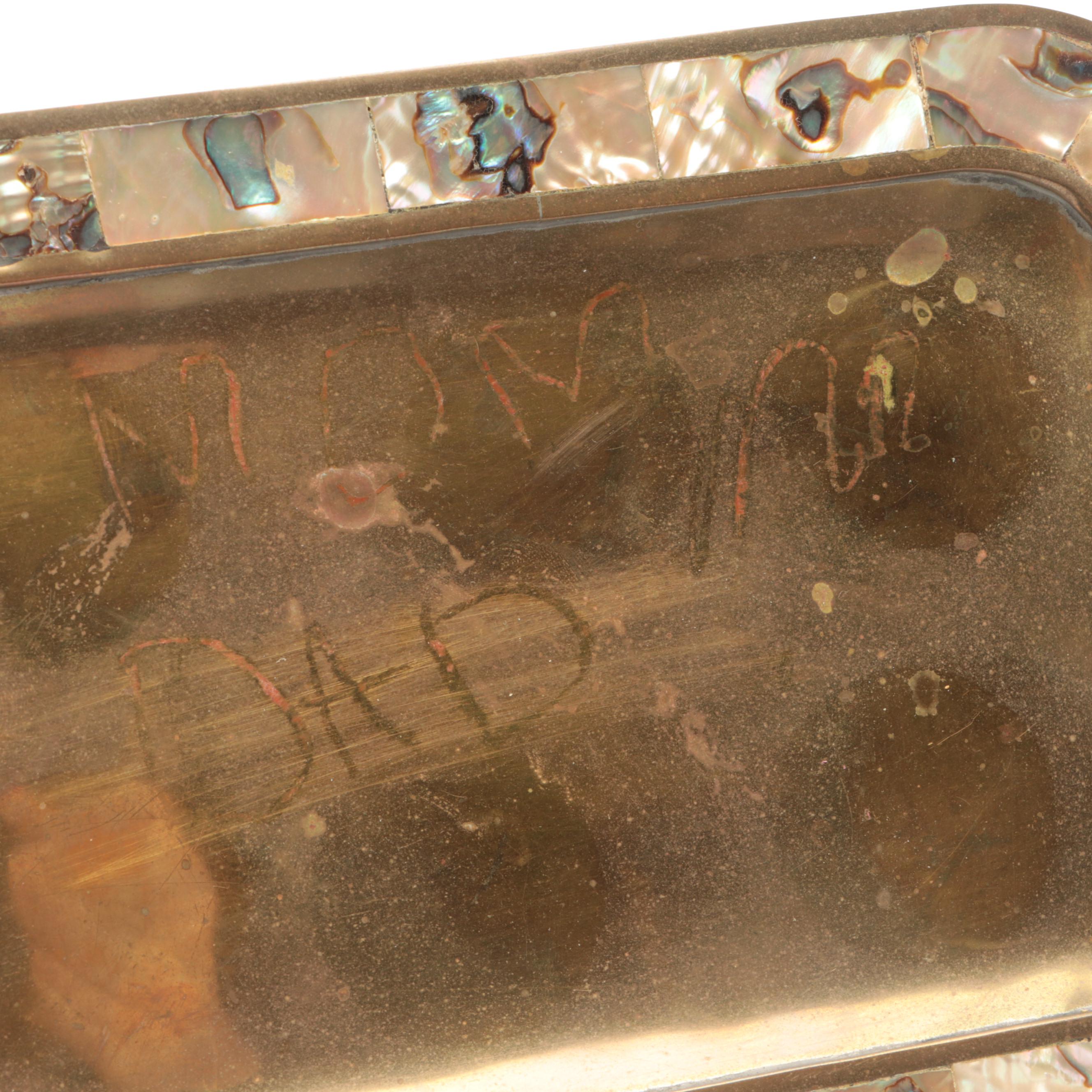 Colonial Mexican Brass Inlaid Abalone Shell Trays, Pitcher, Cups and Cordials