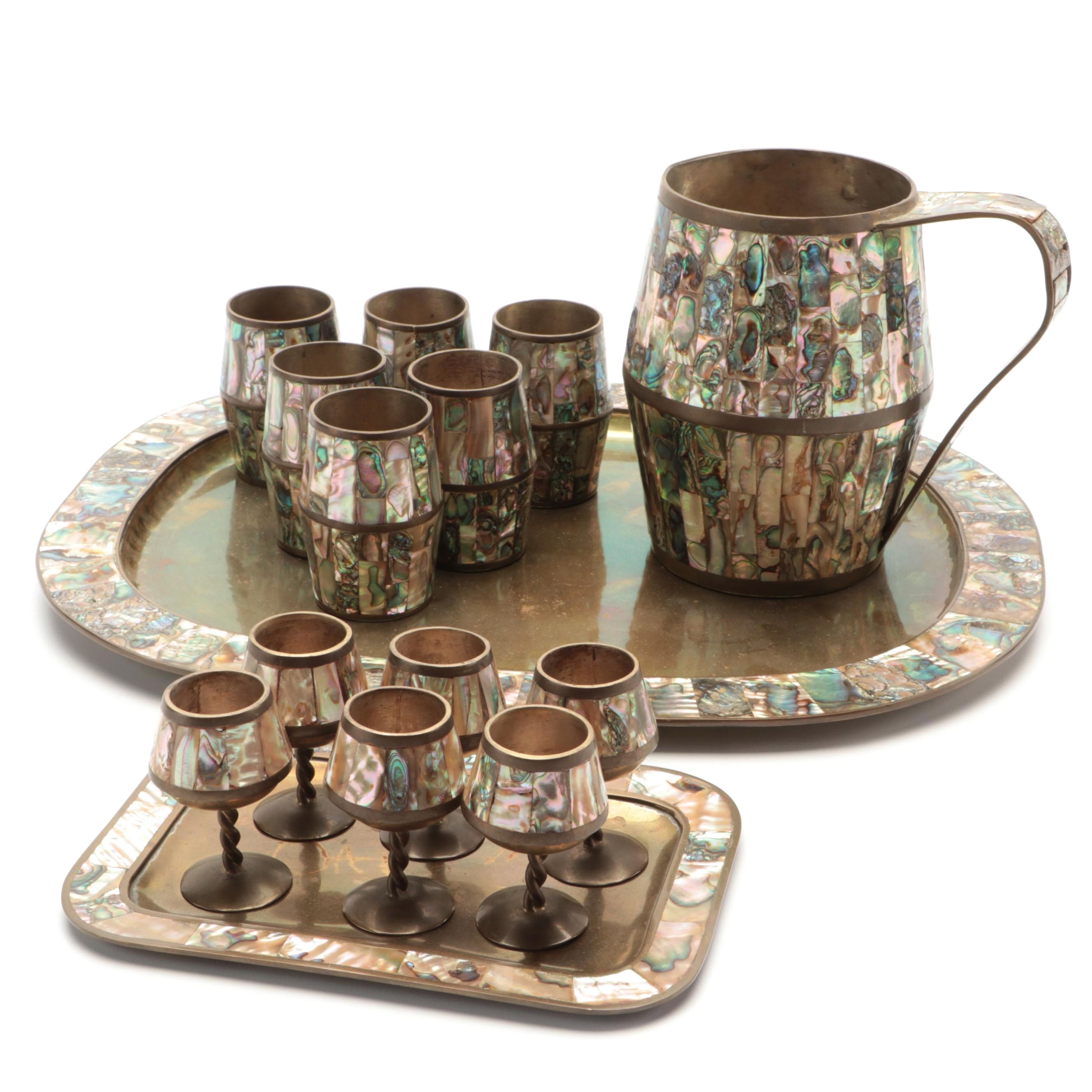 Colonial Mexican Brass Inlaid Abalone Shell Trays, Pitcher, Cups and Cordials