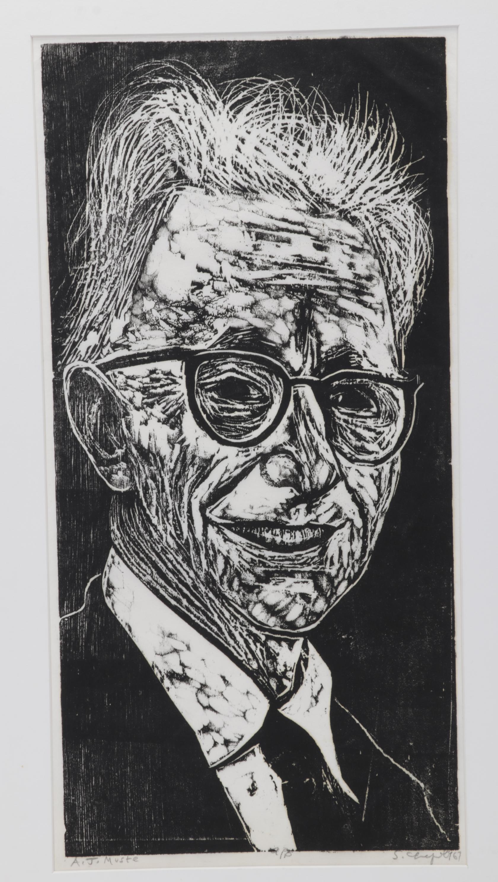 Sidney Chafetz Woodcut "A. J. Muste," 1967