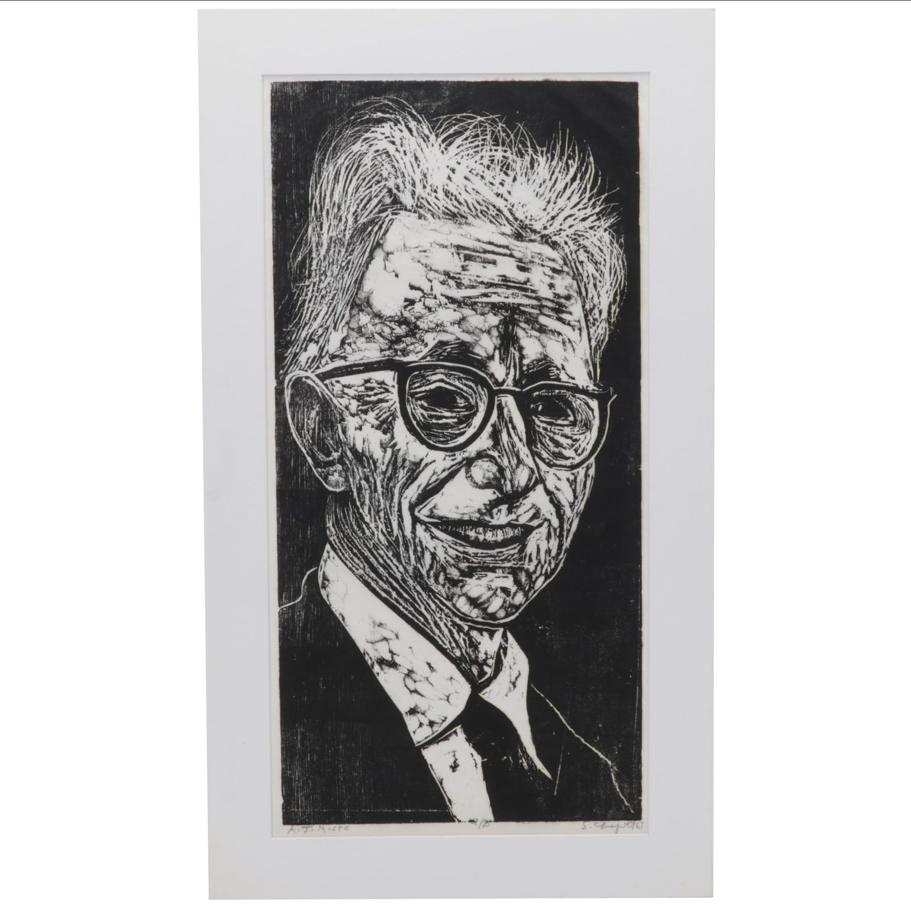 Sidney Chafetz Woodcut "A. J. Muste," 1967