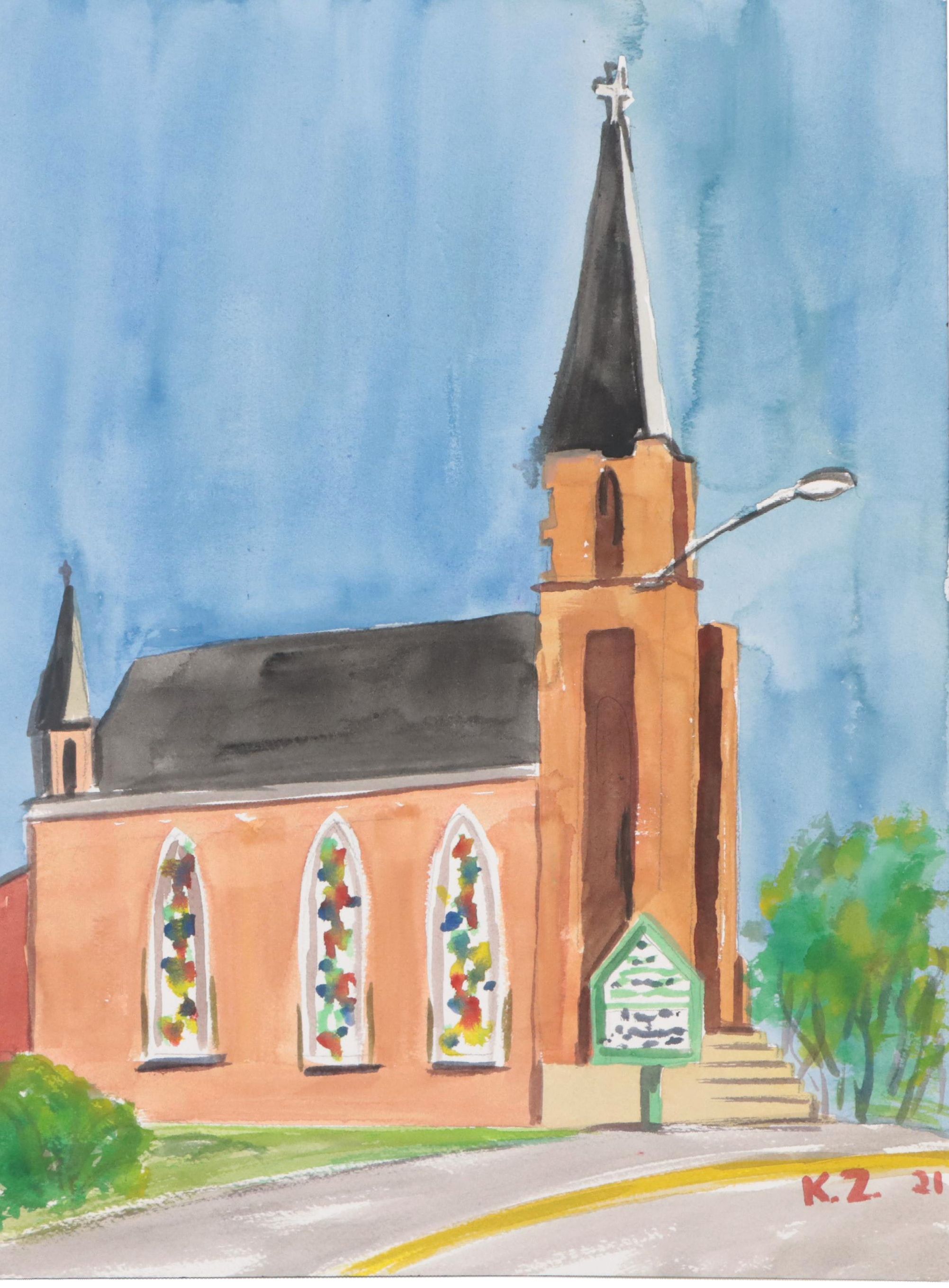 Kathleen Zimbicki Watercolor Painting of Church, 2021