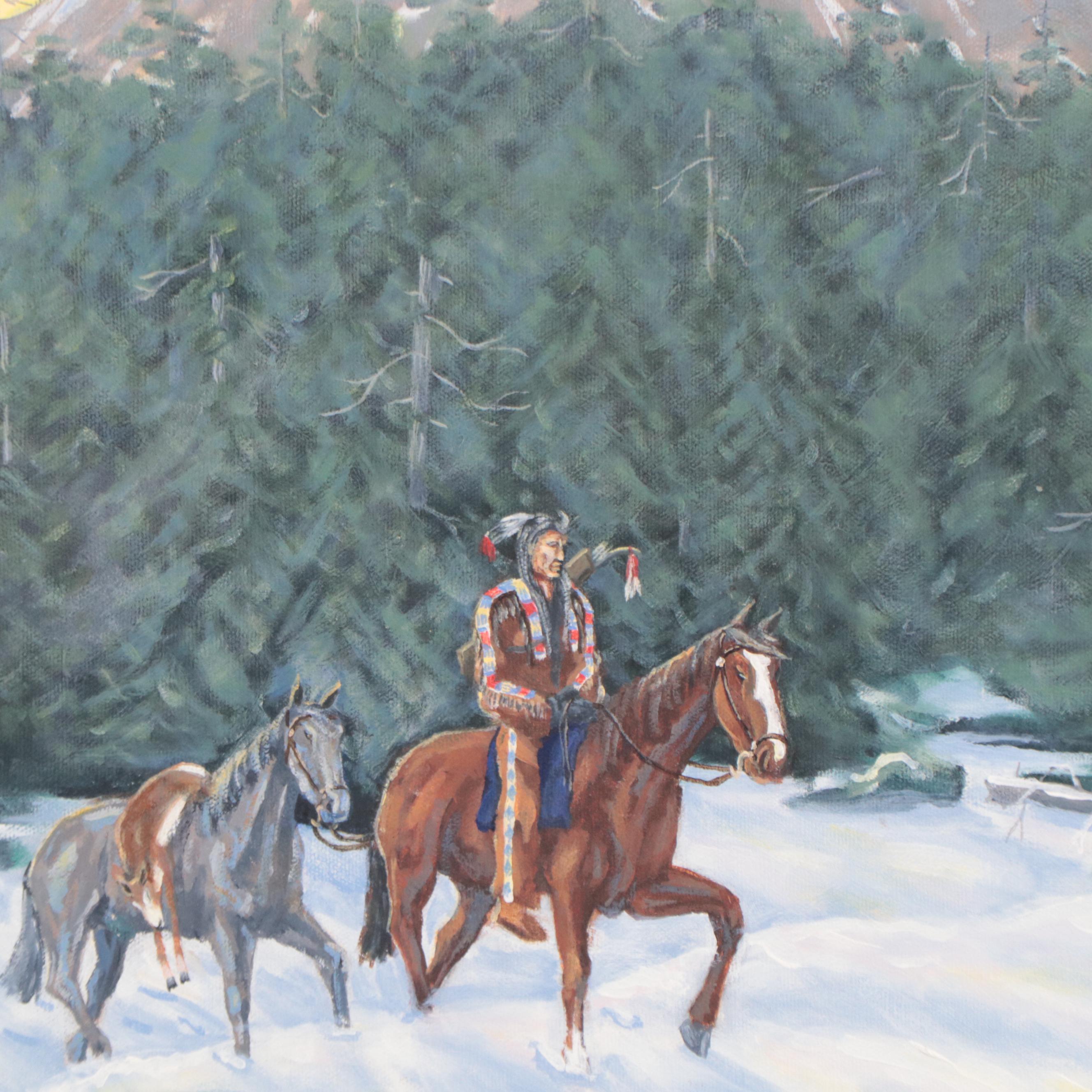 Samson I. Crew Oil Painting of Native American Figure On Horseback, 1996