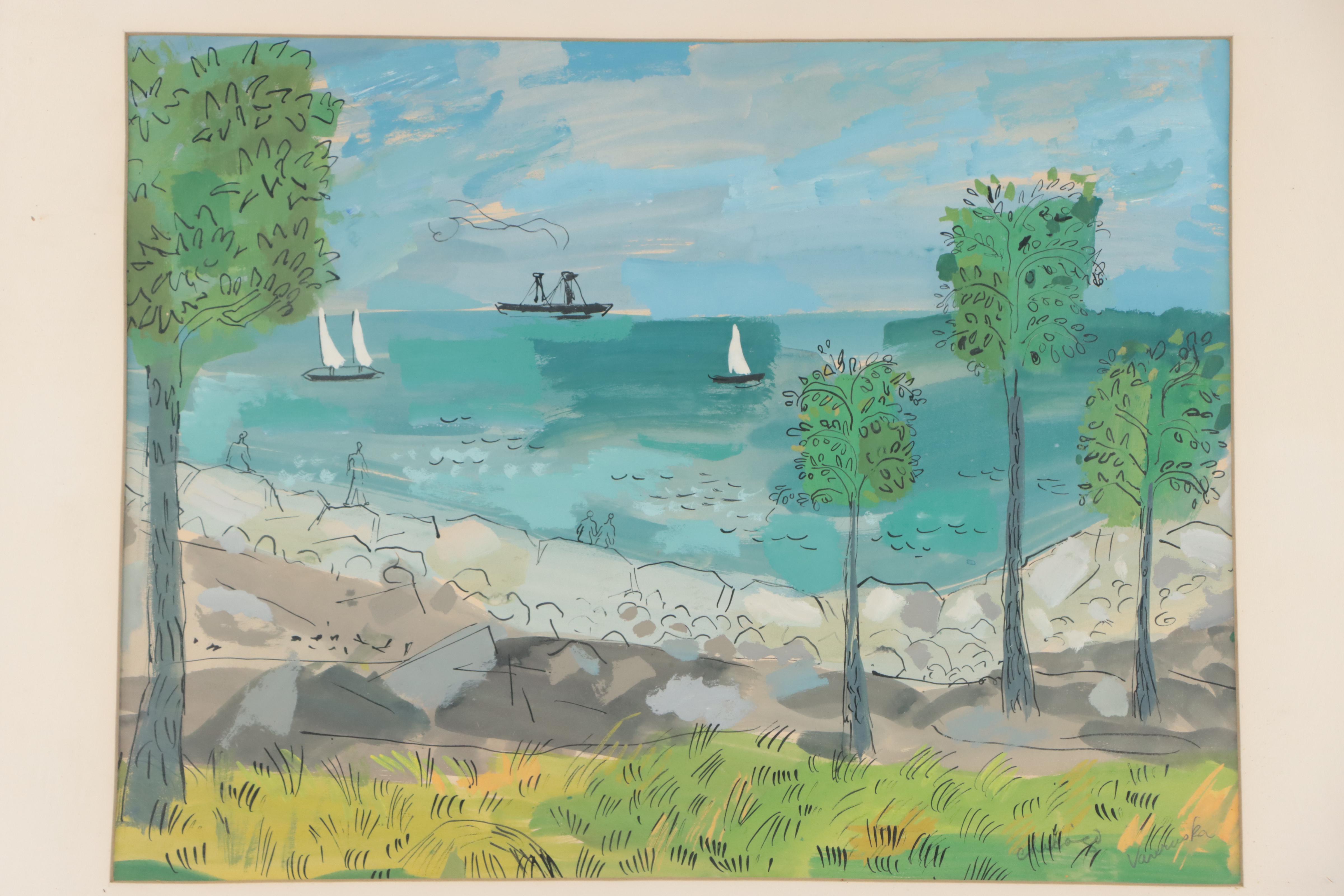 Frank Vavruska Stylized Coastal Landscape Gouache Painting