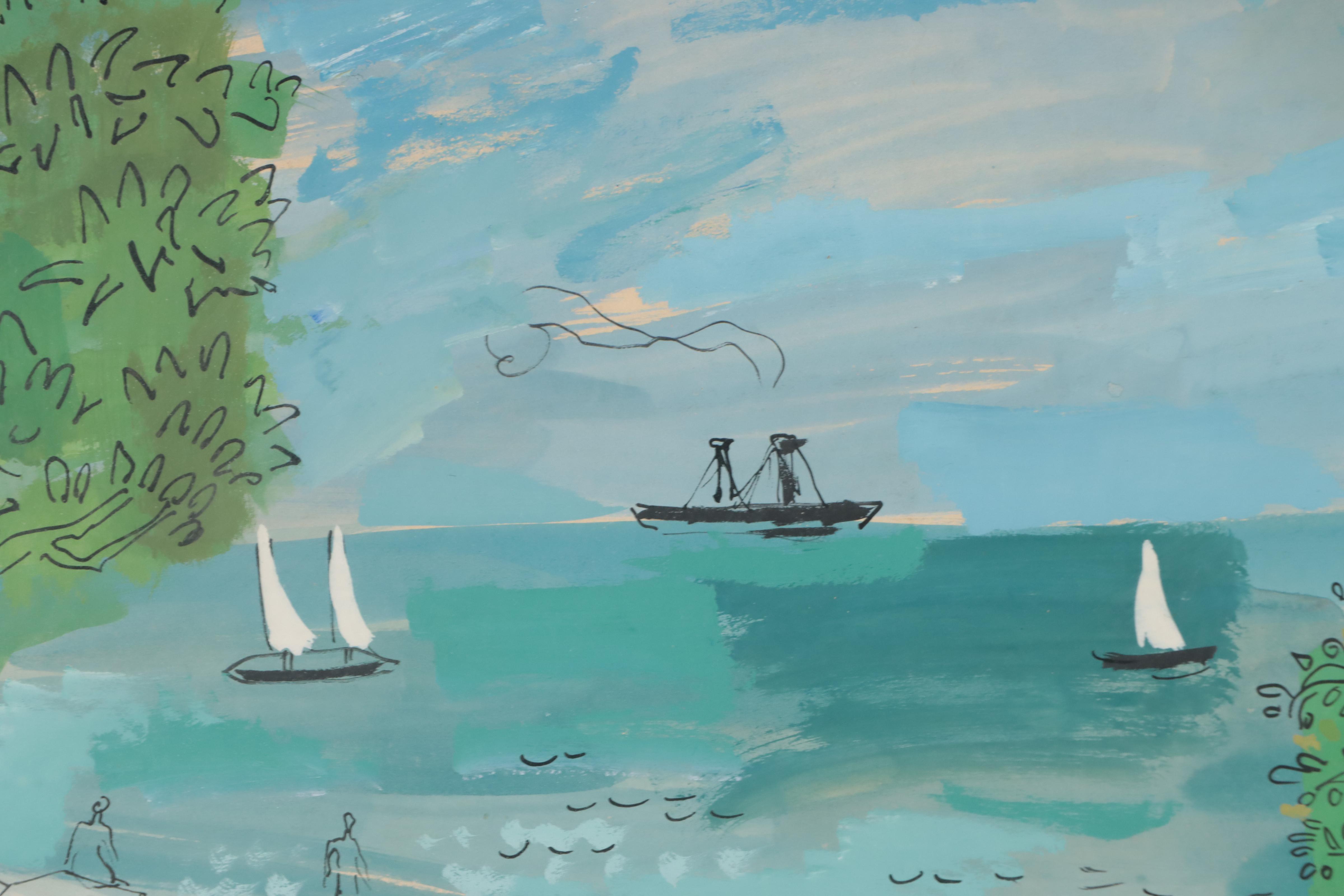 Frank Vavruska Stylized Coastal Landscape Gouache Painting