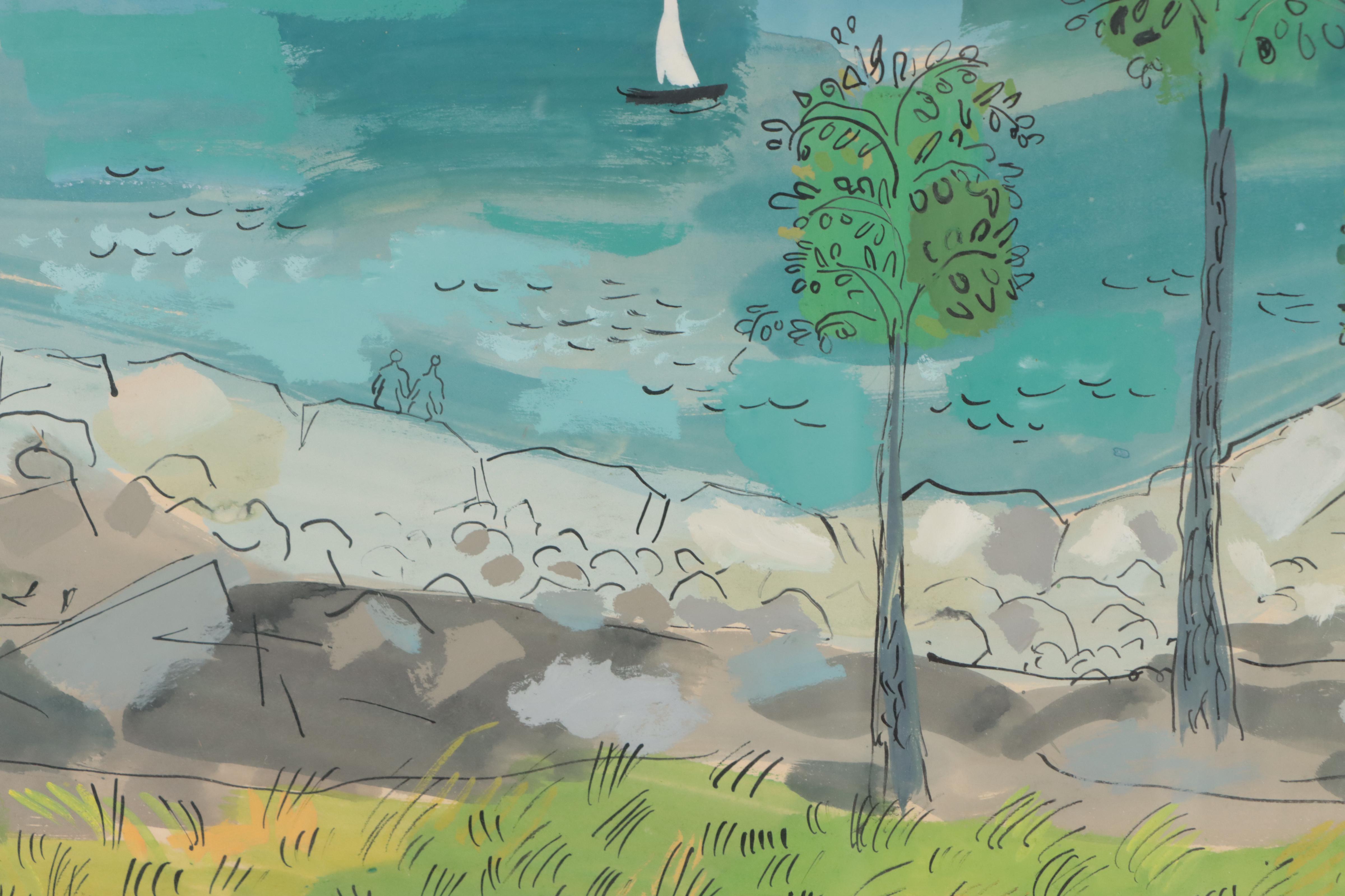 Frank Vavruska Stylized Coastal Landscape Gouache Painting