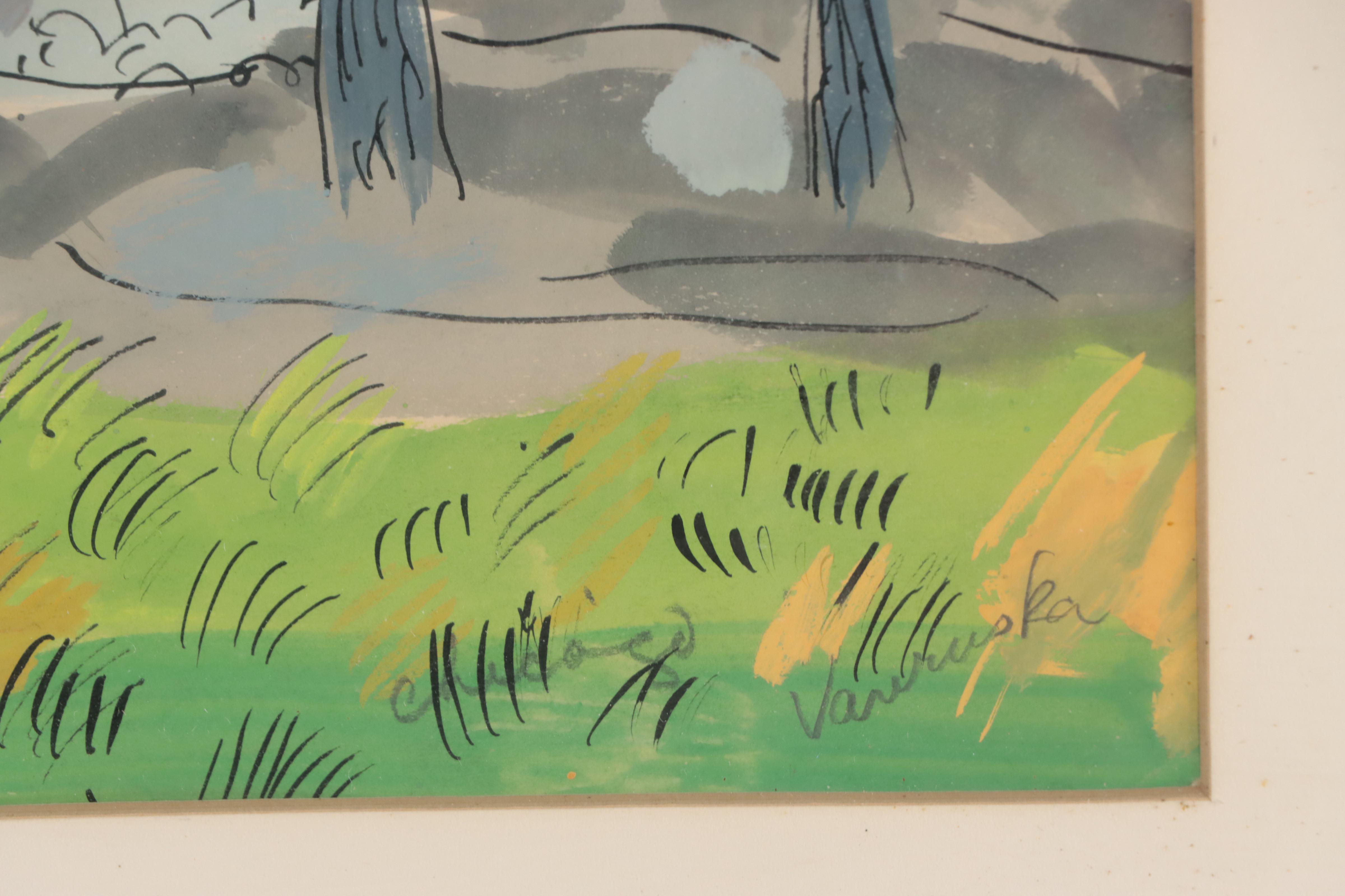 Frank Vavruska Stylized Coastal Landscape Gouache Painting